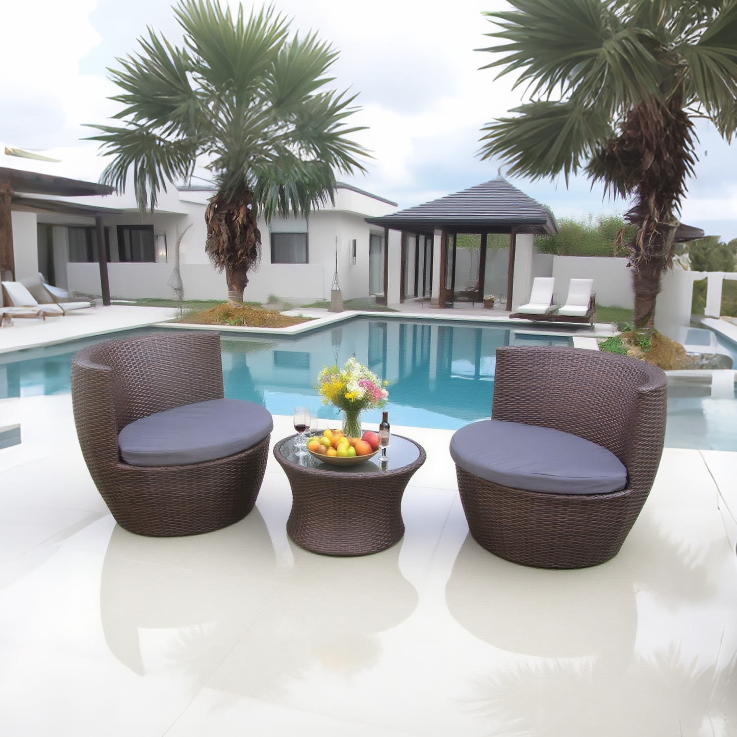 Dark Brown Wicker Patio Conversation Set with Round Glass Table – Stylish Outdoor Lounge Furniture