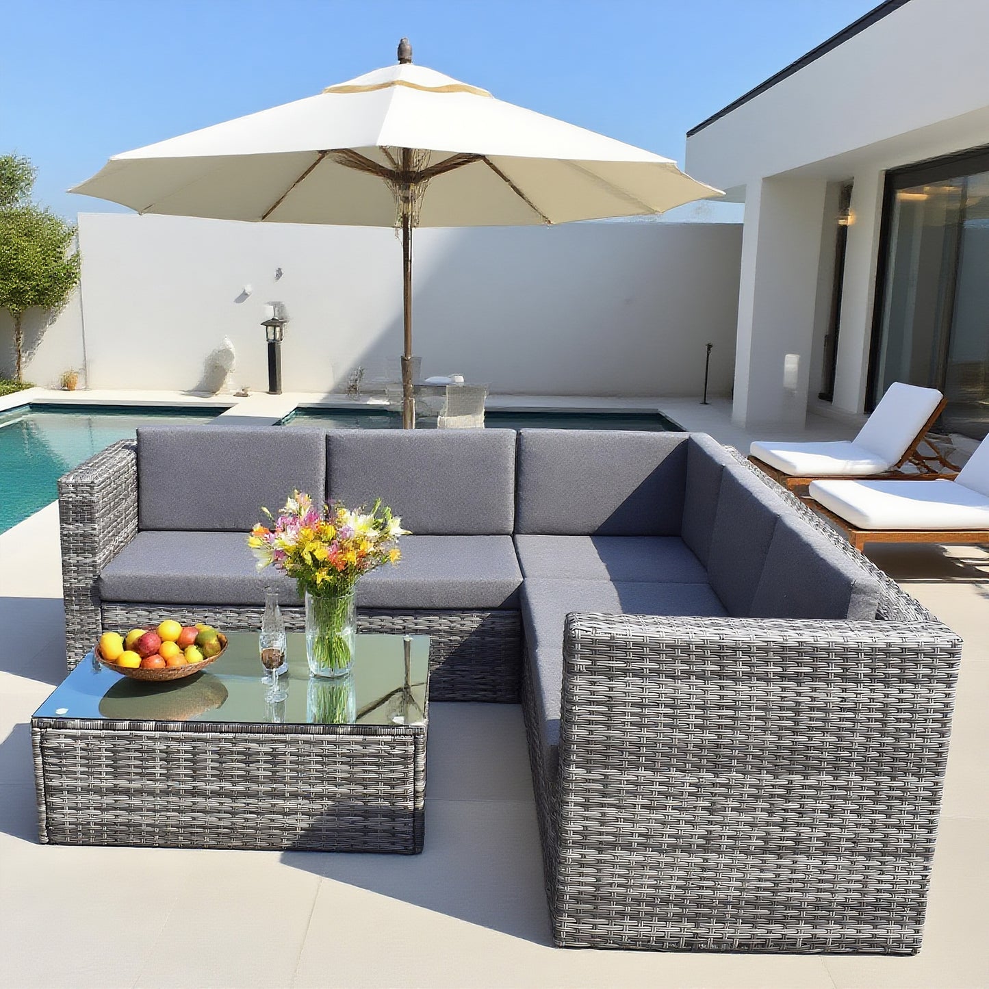 Light Grey Wicker L - Shaped Outdoor Sectional Set with Ottoman – Stylish Patio Lounge Furniture