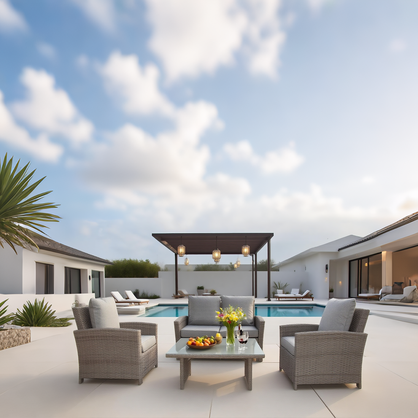 Light Grey Wicker Outdoor Lounge Set with Glass Coffee Table – Stylish Patio Conversation Furniture