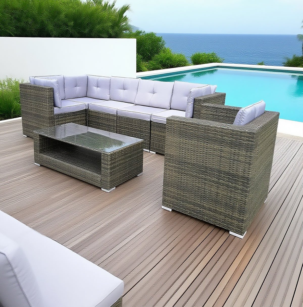 Dark Brown Wicker L - Shaped Outdoor Sectional Set with Glass Coffee Table – Stylish Patio Lounge Furniture