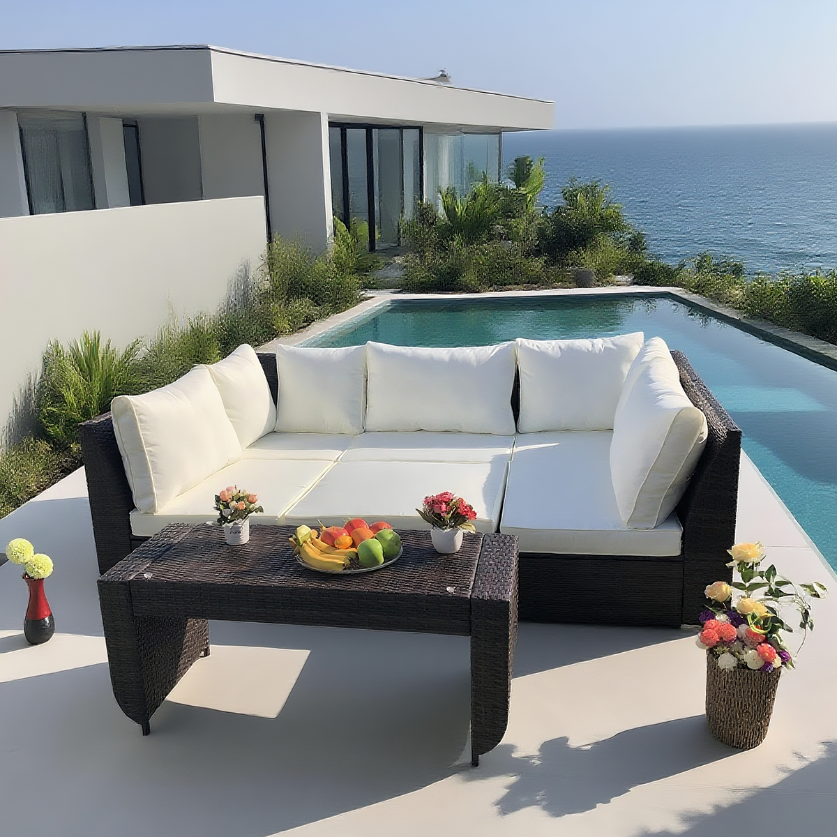 Dark Brown Wicker L - Shaped Outdoor Sectional Set with Coffee Table – Stylish Patio Furniture