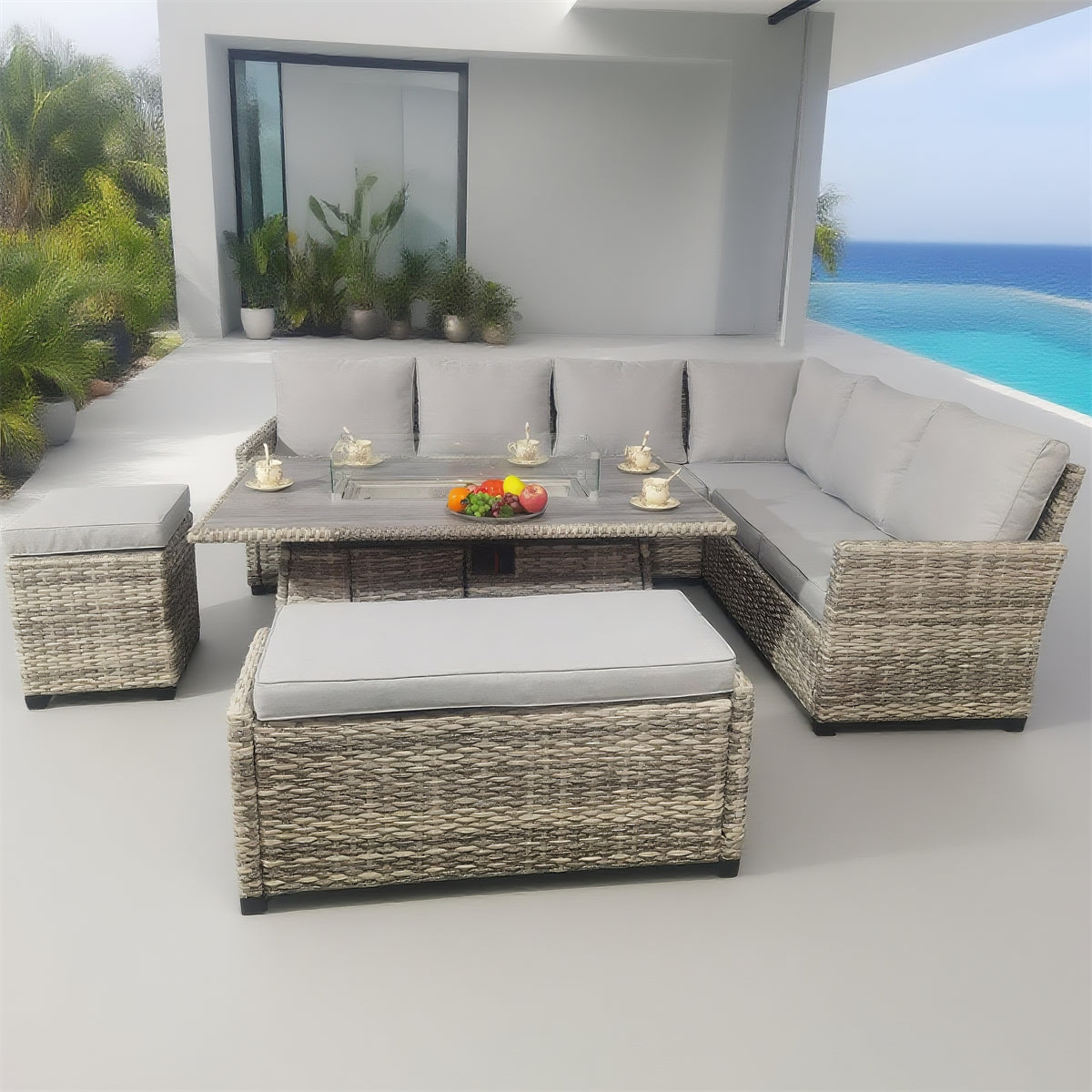 Grey Wicker L - Shaped Outdoor Sectional Set with Glass Dining Table & Ottomans – Stylish Patio Furniture