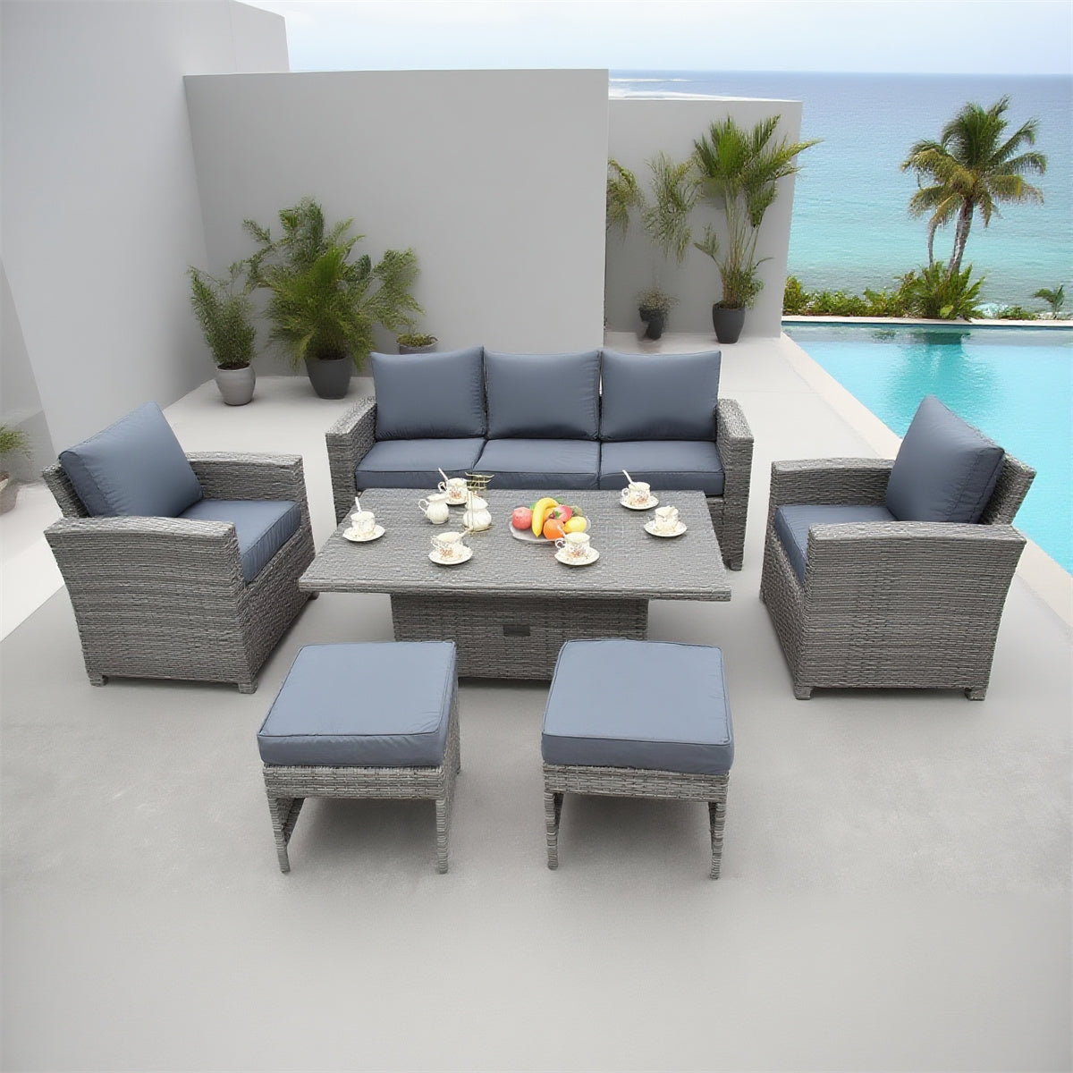 Grey Wicker Outdoor Lounge Set with Glass Dining Table & Ottomans – Stylish Patio Furniture