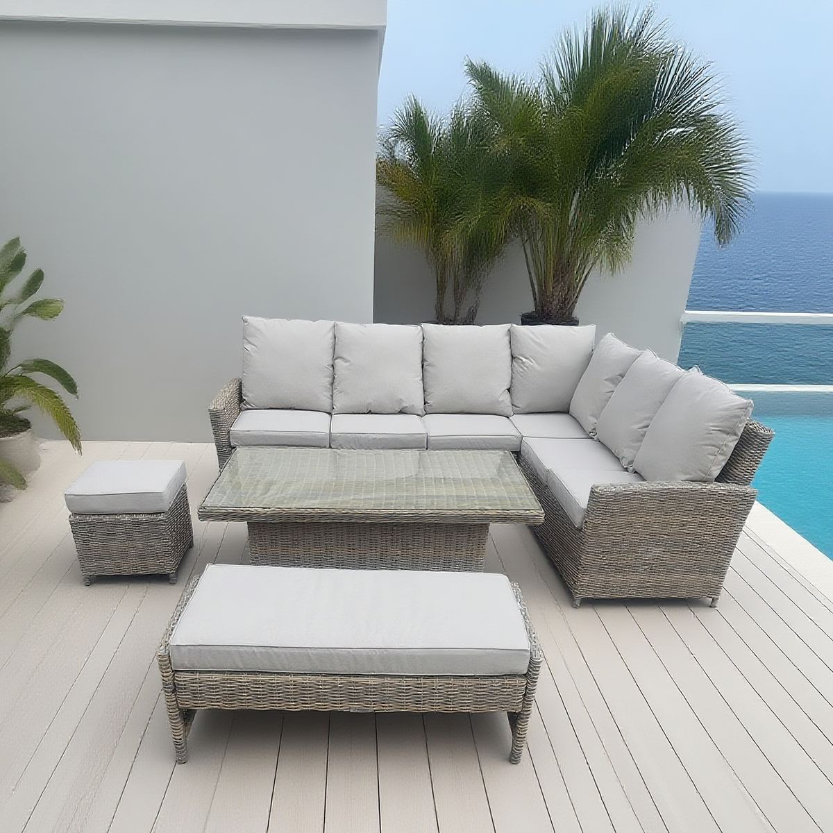 Grey Wicker L - Shaped Outdoor Sectional Set with Glass Coffee Table & Ottomans – Stylish Patio Furniture