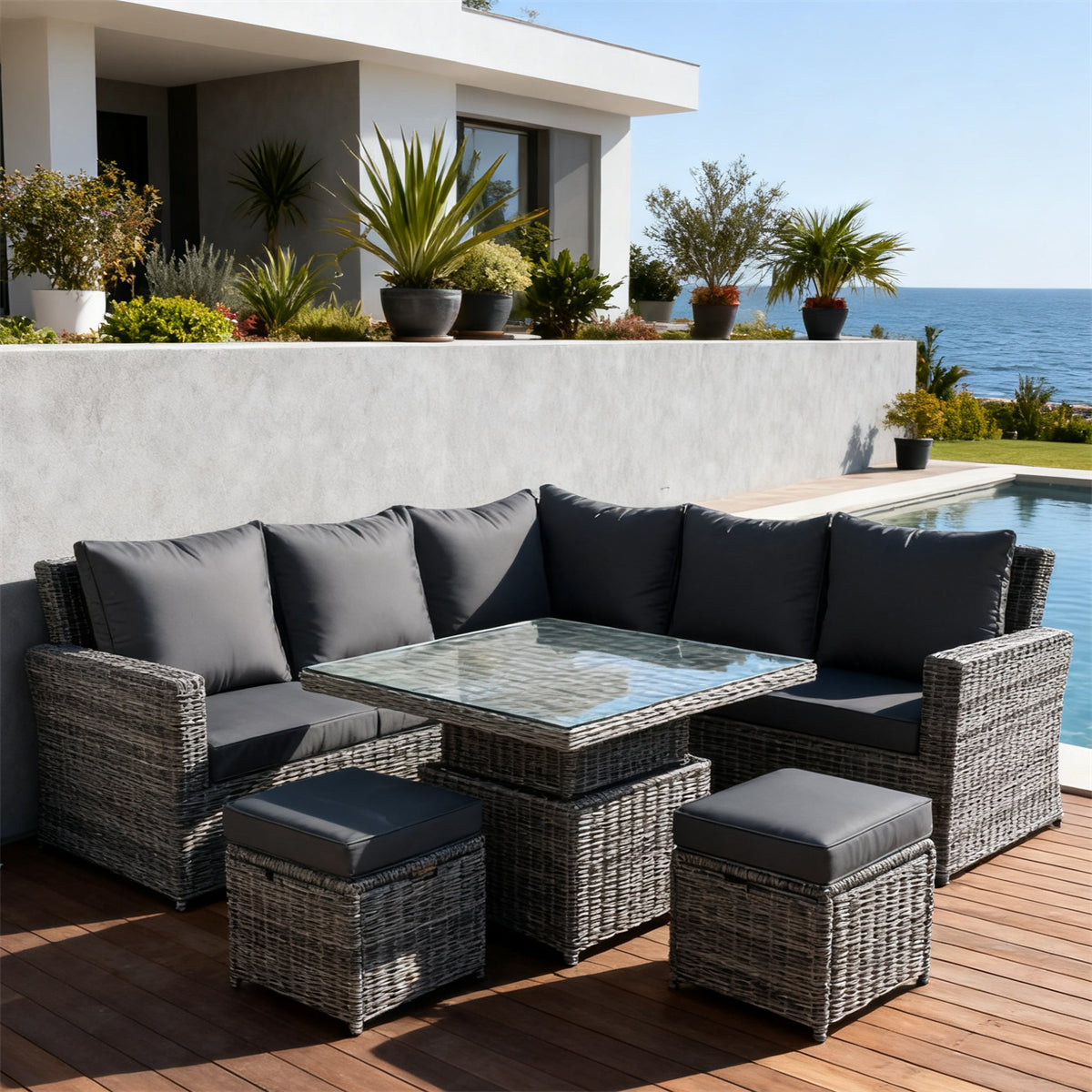 Brown Wicker L - Shaped Outdoor Sectional Set with Glass Dining Table & Ottomans – Stylish Patio Furniture
