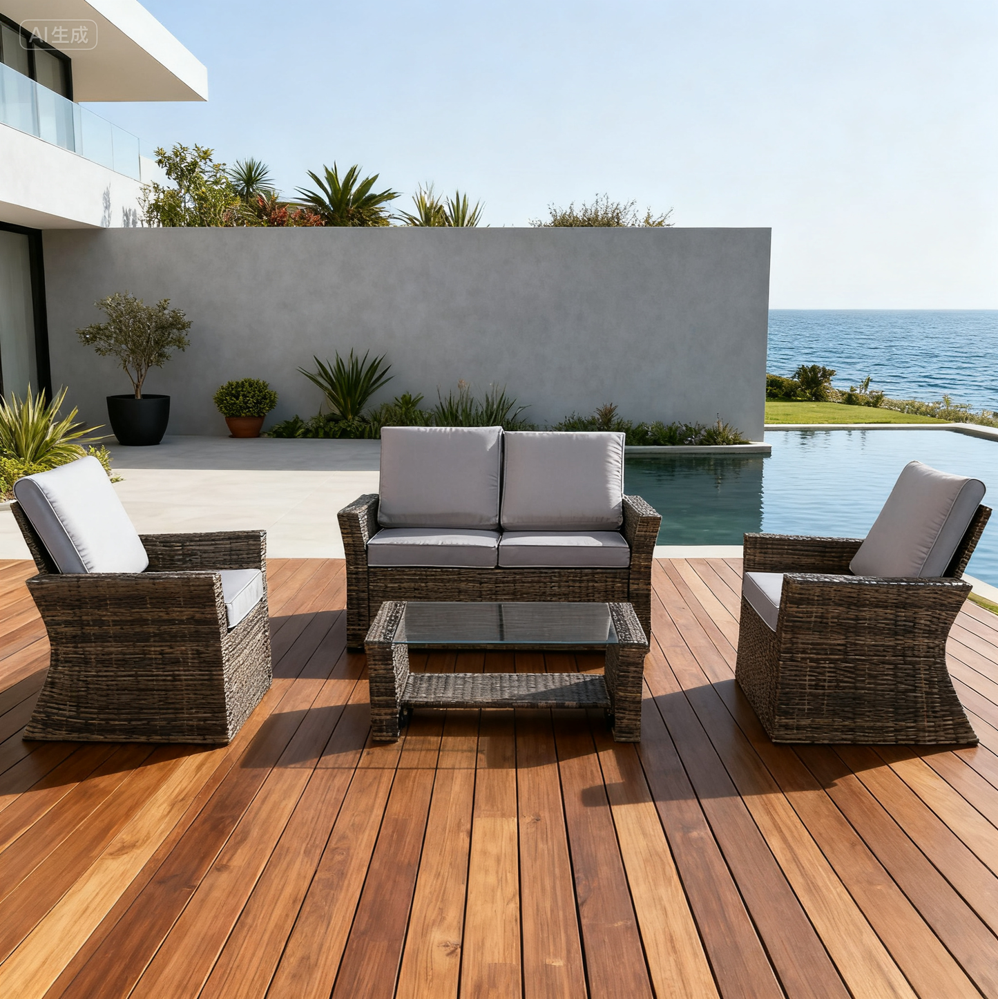 Dark Brown Wicker Outdoor Lounge Set with Glass Coffee Table – Stylish Patio Furniture