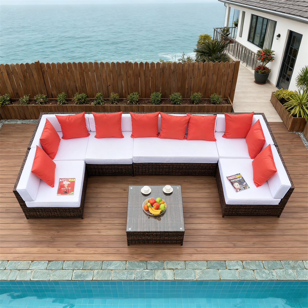 Dark Brown Wicker L - Shaped Outdoor Sectional Set with White & Orange Cushions & Glass Coffee Table – Stylish Patio Furniture