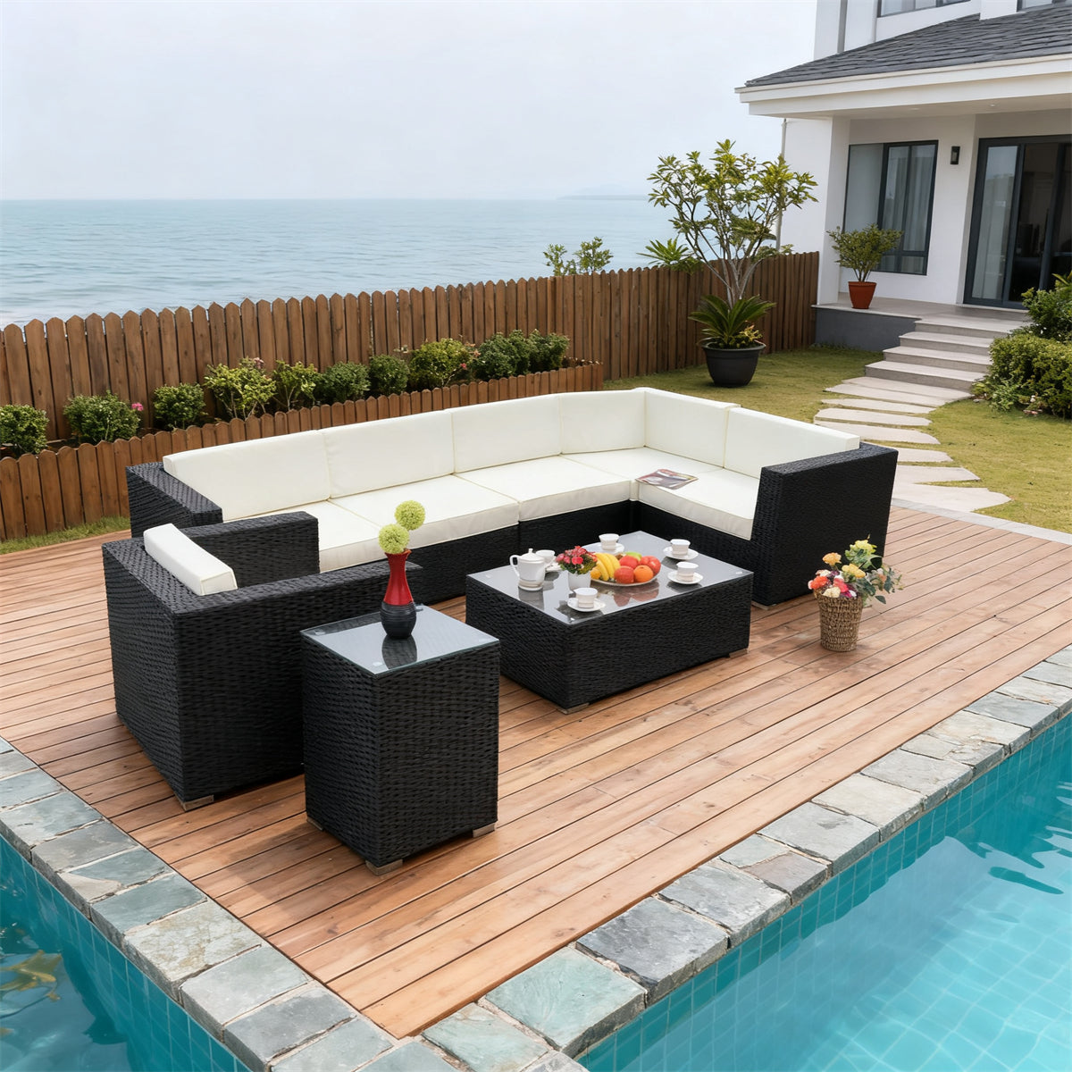 Dark Brown Wicker L - Shaped Outdoor Sectional Set with White Cushions, Glass Coffee Table & Side Table – Stylish Patio Furniture