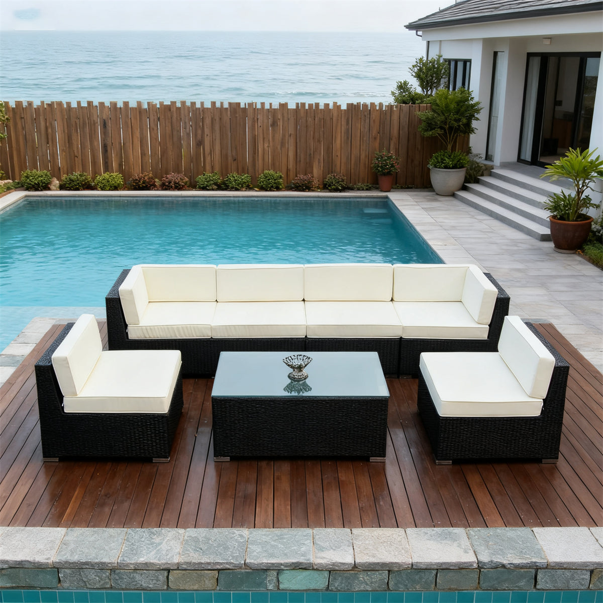 SFTZ256908 Black Wicker Outdoor Lounge Set with White & Black Cushions & Glass Coffee Table – Stylish Patio Furniture