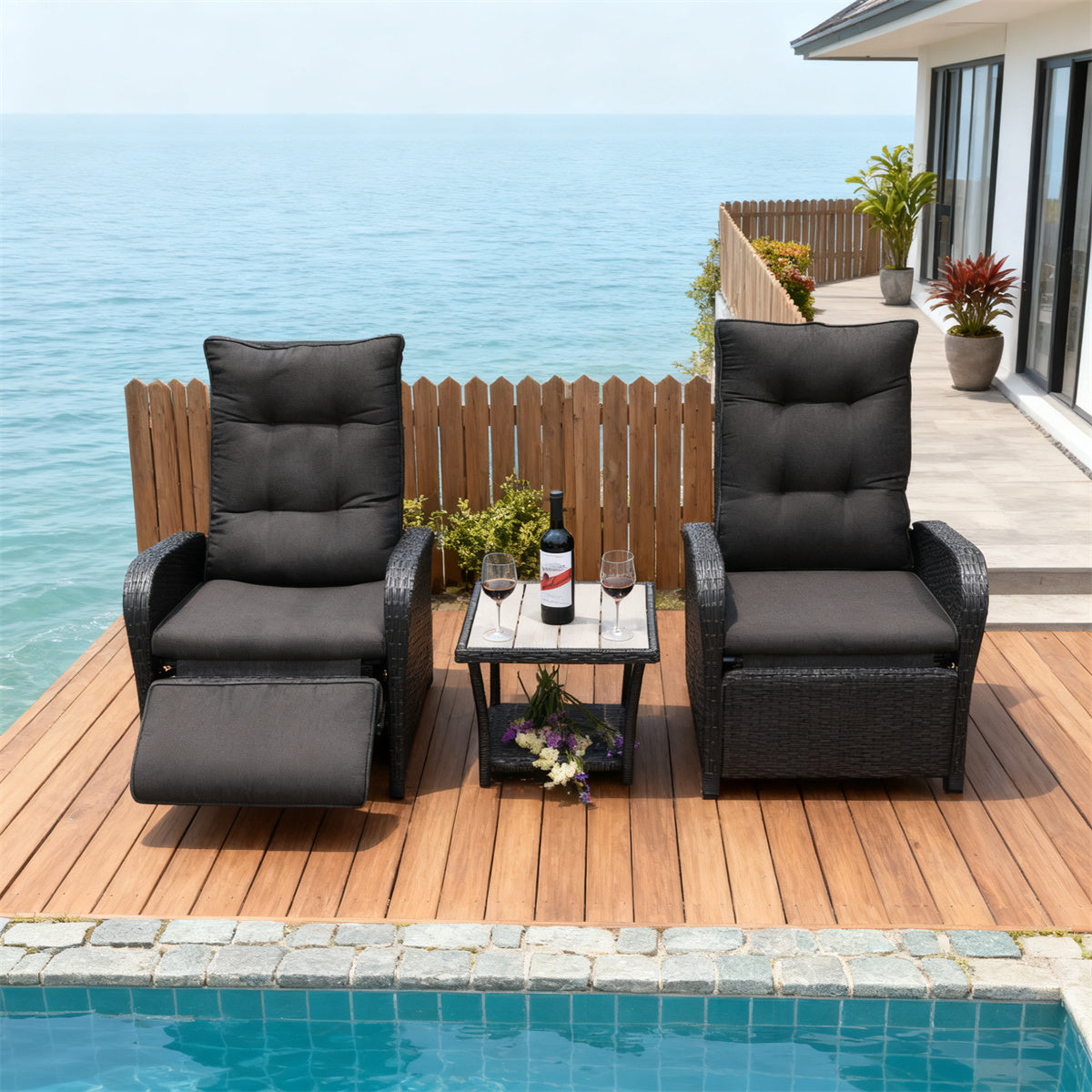SFTZ257001 Black Wicker Outdoor Recliner Set with Dark Grey Cushions, Adjustable Footrests & Side Table – Stylish Patio Furniture