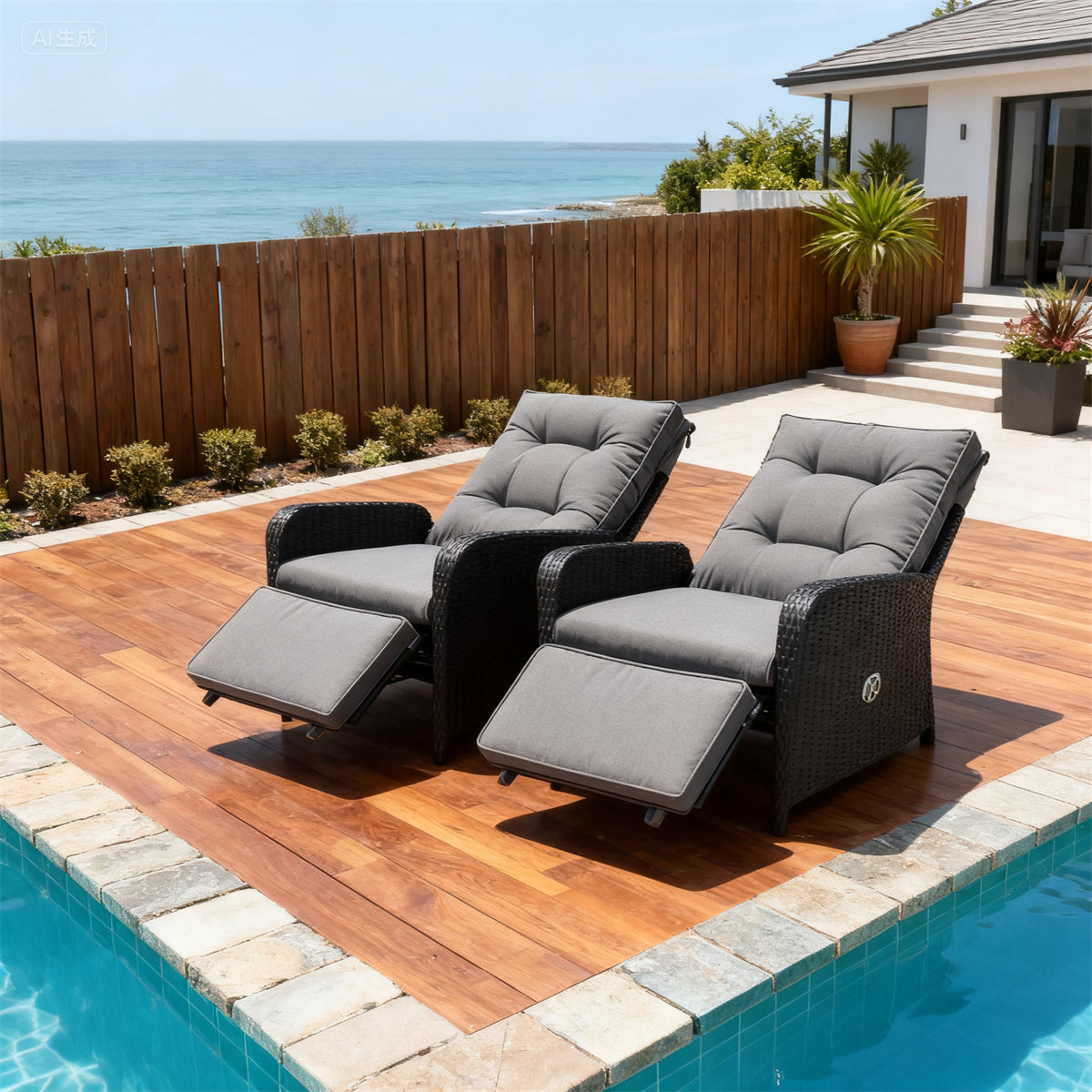 Black Wicker Outdoor Recliner Set with Dark Grey Cushions & Adjustable Footrests – Stylish Patio Furniture