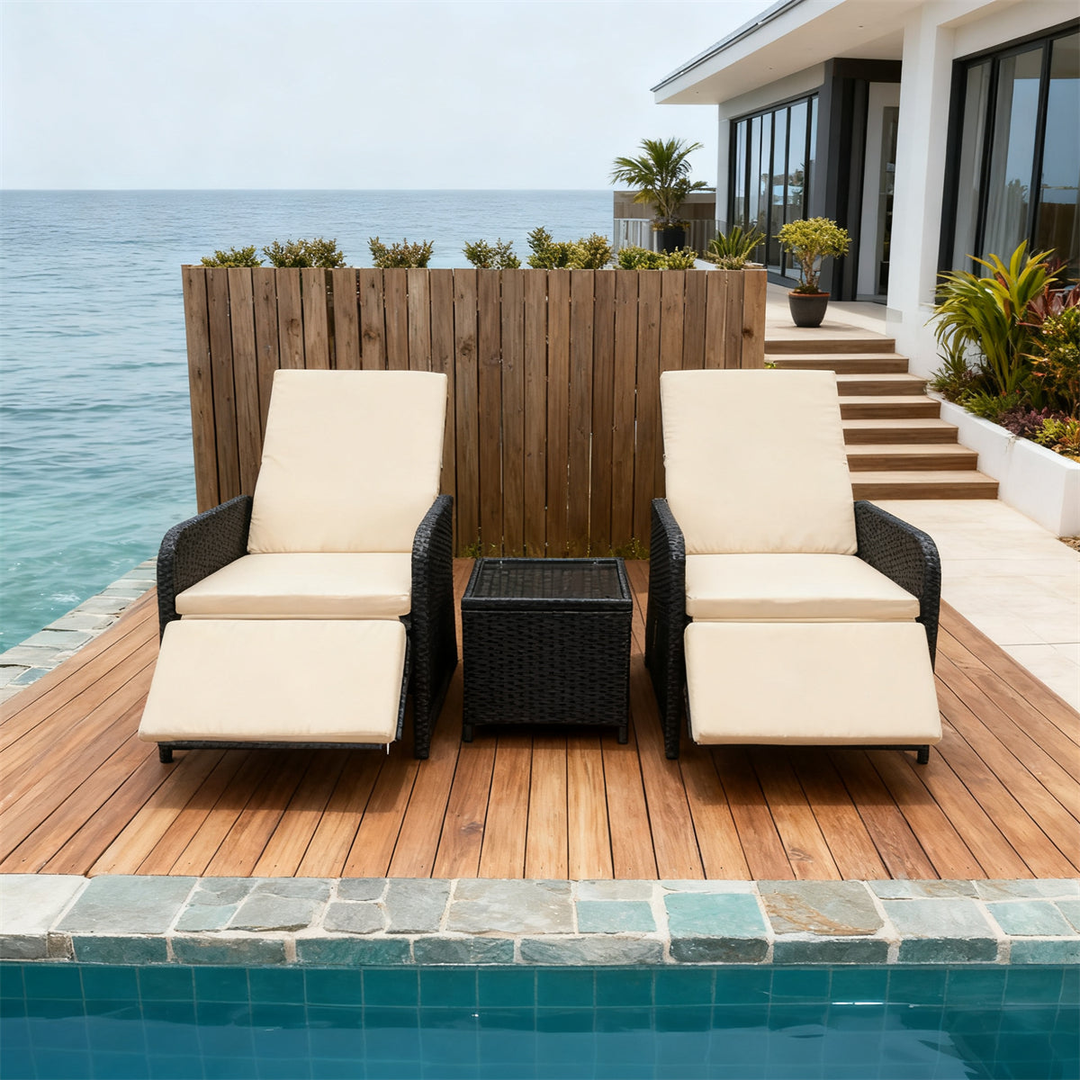 Dark Brown Wicker Outdoor Recliner Set with Beige Cushions, Adjustable Footrests & Glass Side Table – Stylish Patio Furniture