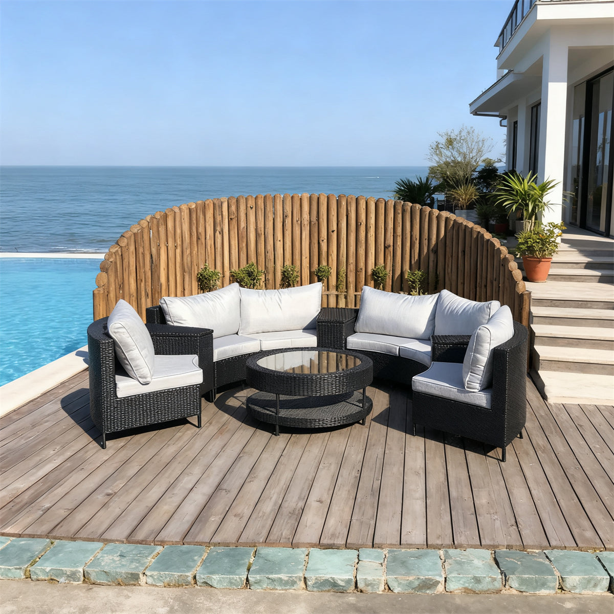 Black Wicker Curved Outdoor Sectional Set with Light Grey Cushions & Round Glass Coffee Table – Stylish Patio Furniture
