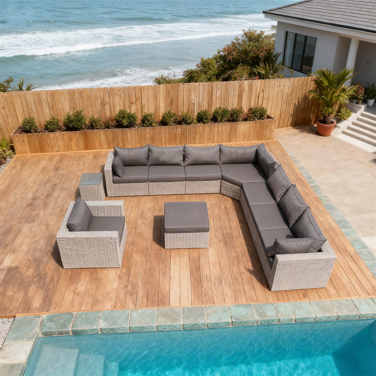 Light Grey Wicker L - Shaped Outdoor Sectional Set with Dark Grey Cushions, Side Table & Ottoman – Stylish Patio Furniture