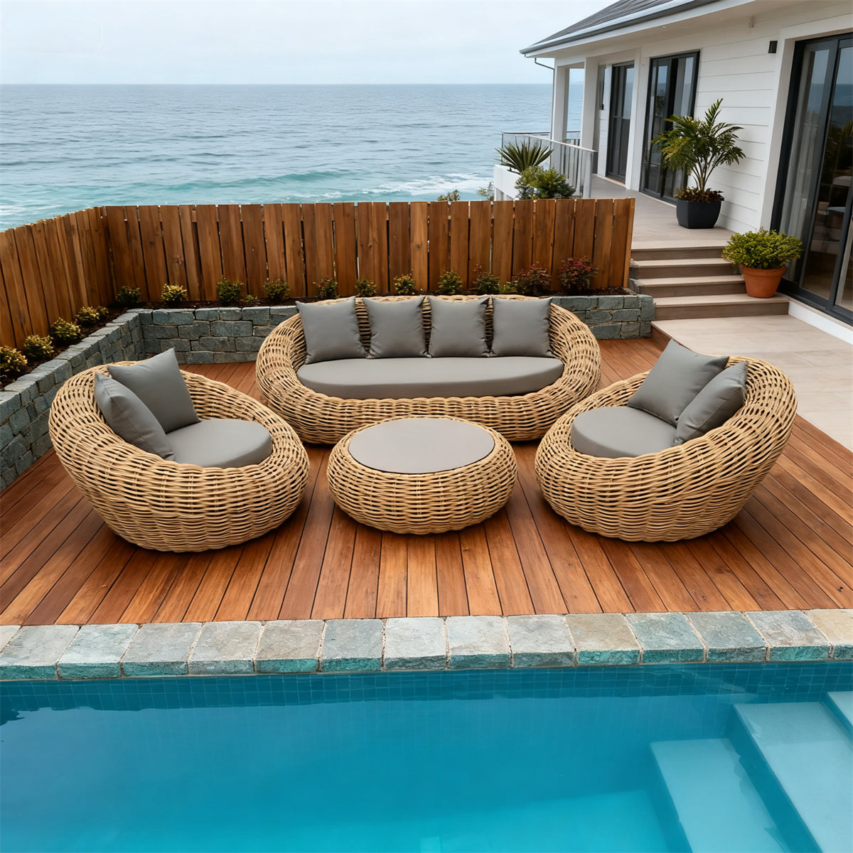 Natural Rattan Spherical Outdoor Lounge Set with Light Grey Cushions & Round Coffee Table – Stylish Patio Furniture