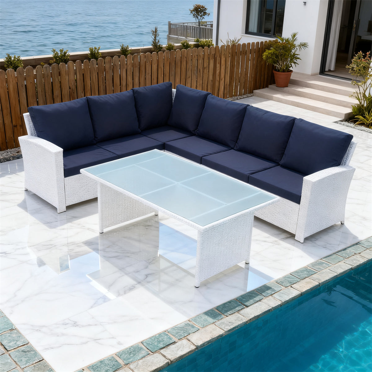 SFTZ257701 White Wicker L - Shaped Outdoor Sectional Set with Black Grey Cushions & Glass Coffee Table – Stylish Patio Furniture
