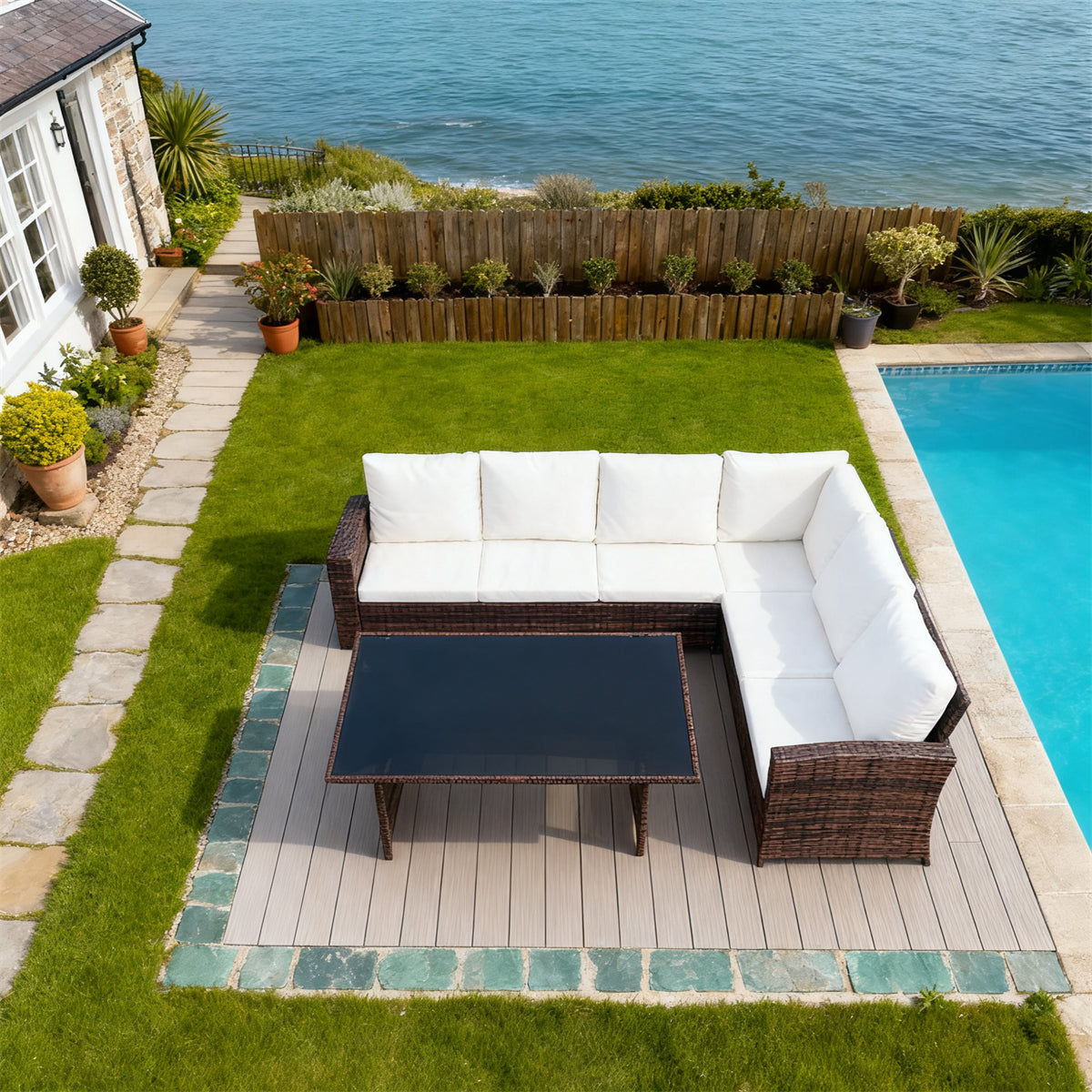 Dark Brown Wicker L - Shaped Outdoor Sectional Set with Beige Cushions & Black Glass Coffee Table – Stylish Patio Furniture