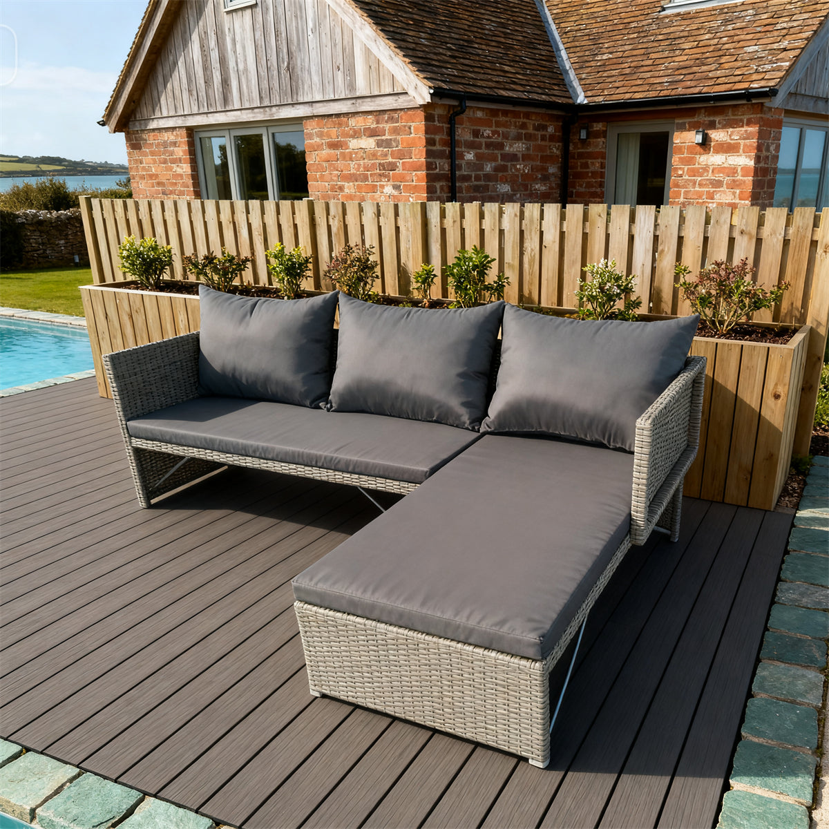 Natural Rattan L - Shaped Outdoor Sectional Set with Dark Grey Cushions – Stylish Patio Furniture