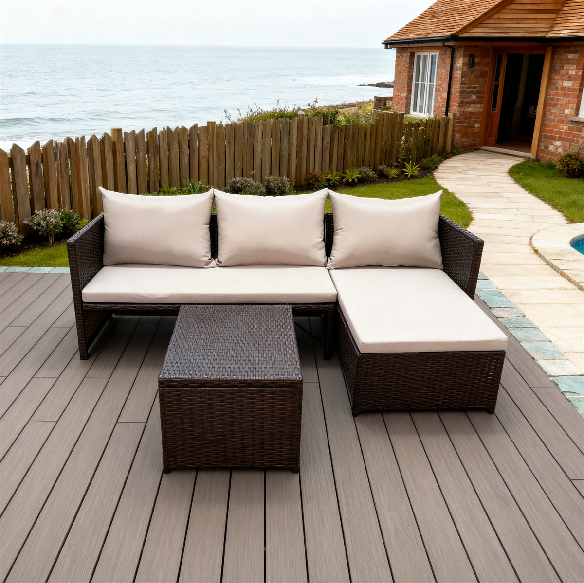 Dark Grey Wicker L - Shaped Outdoor Sectional Set with Beige Cushions & Wicker Coffee Table – Stylish Patio Furniture