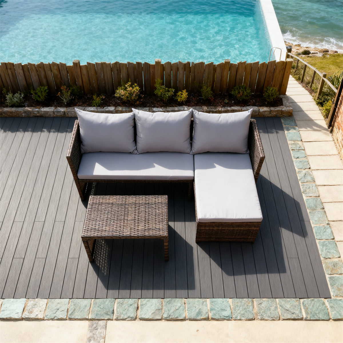 Mixed Brown Wicker L - Shaped Outdoor Sectional Set with Light Grey Cushions & Wicker Coffee Table – Stylish Patio Furniture