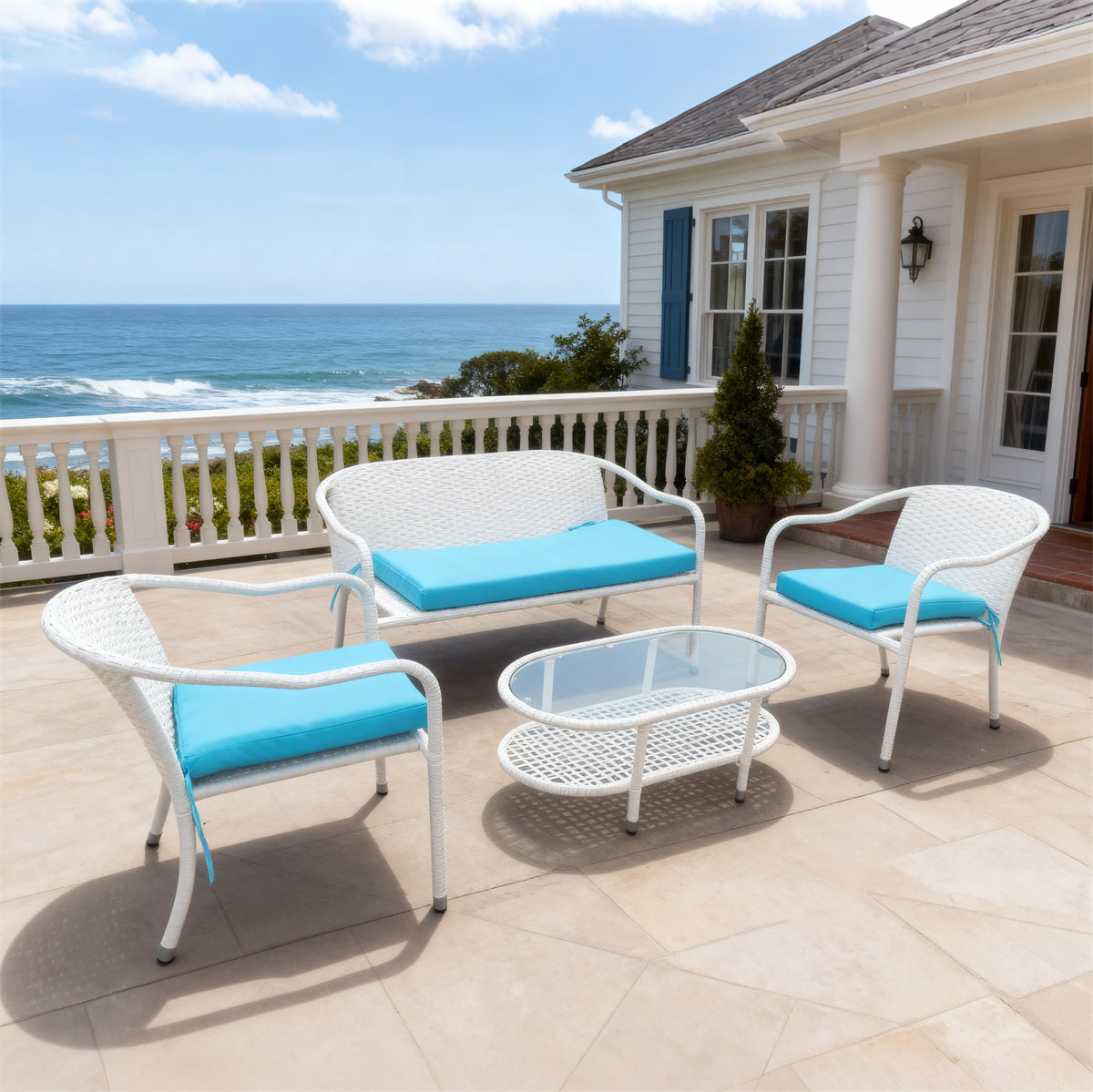 White Wicker Outdoor Lounge Set with Turquoise Cushions & Glass Coffee Table – Stylish Patio Furniture