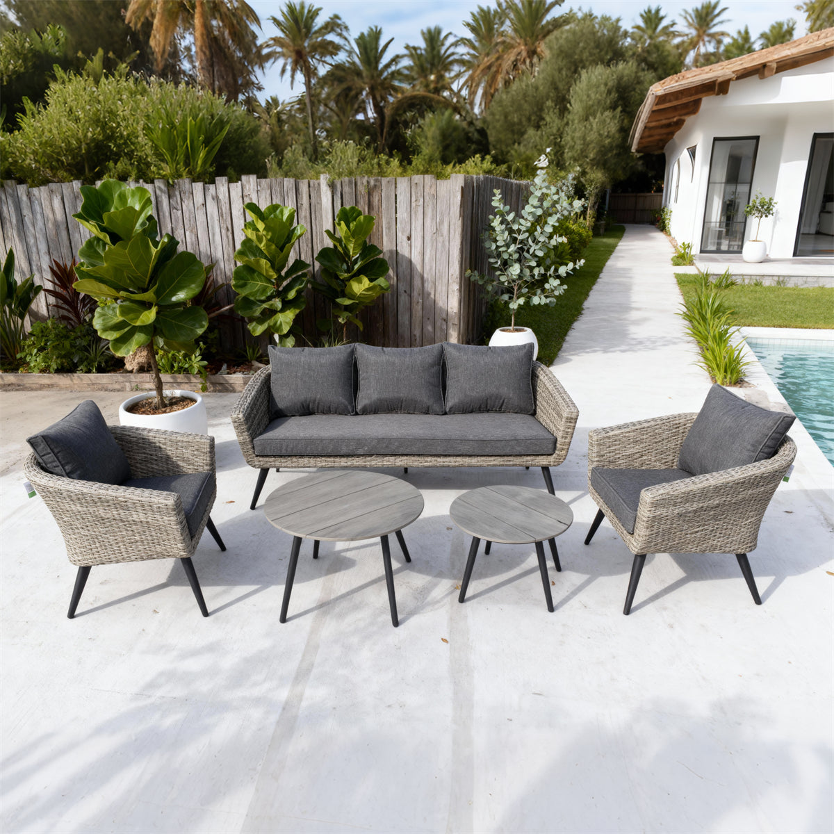 Mixed Grey Wicker Outdoor Lounge Set with Dark Grey Cushions & Wooden - Look Coffee Tables – Stylish Patio Furniture