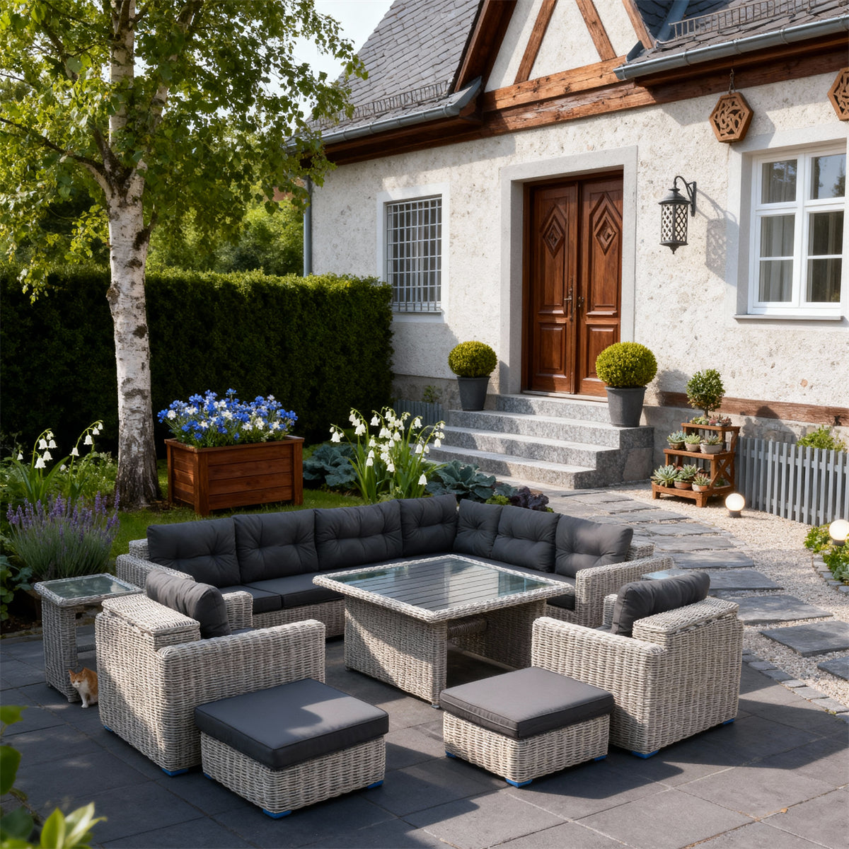 SFTZ2587 Mixed Grey Wicker Large Outdoor Lounge Set with Dark Grey Cushions & Multi - Functional Dining Table – Luxury Patio Furniture