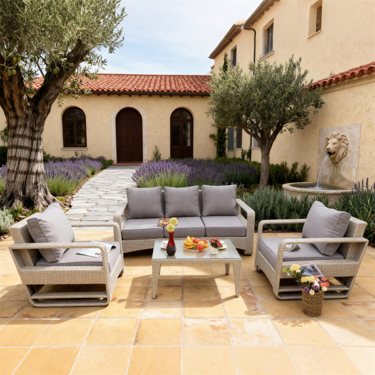 Light Grey Wicker Outdoor Lounge Set with Dark Grey Cushions & Glass Coffee Table – Stylish Patio Furniture