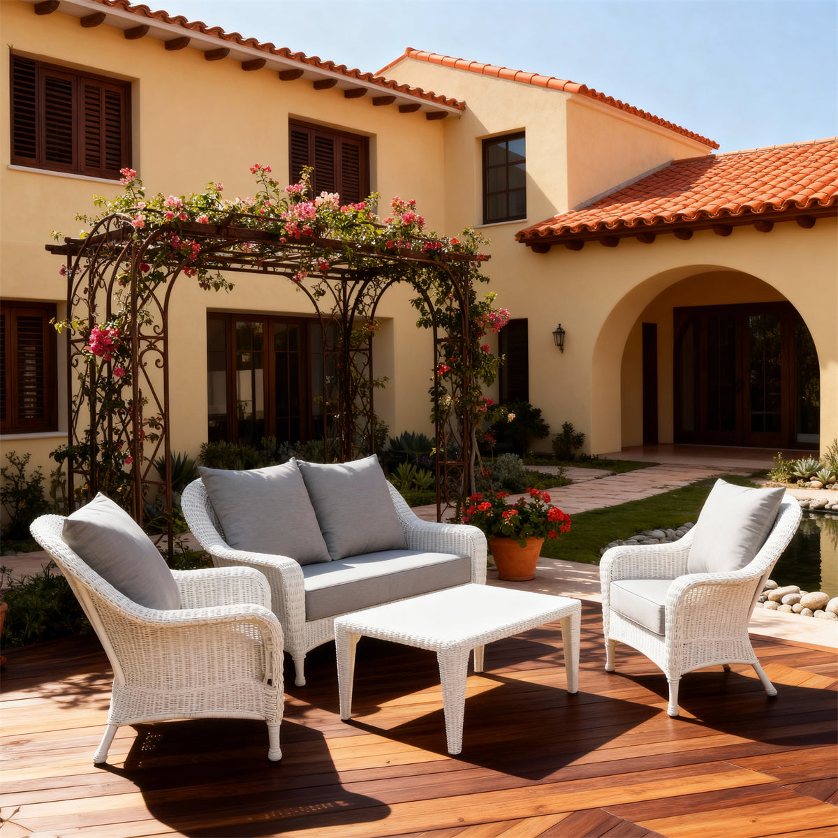 White Wicker Outdoor Lounge Set with Light Grey Cushions & White Wicker Coffee Table – Stylish Patio Furniture