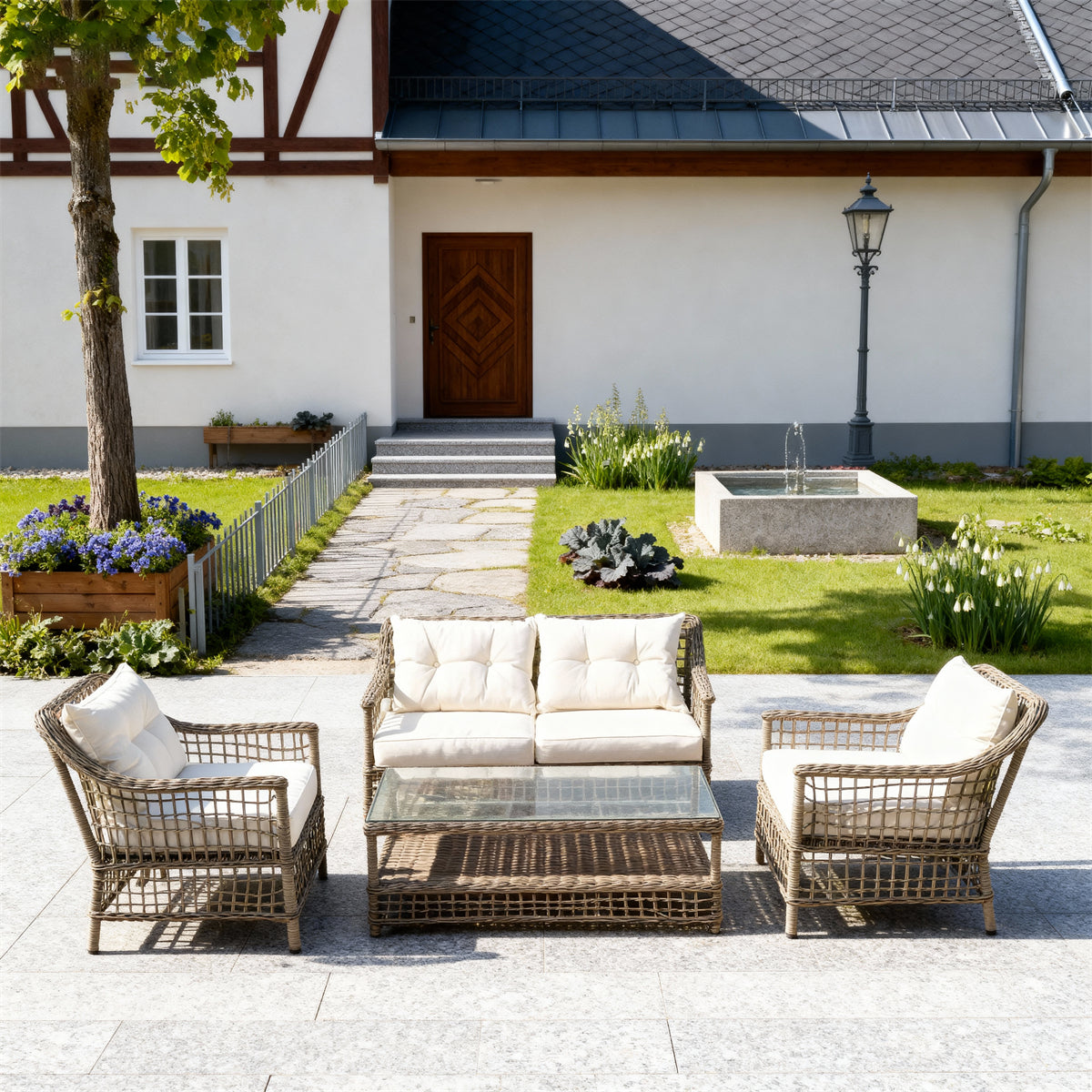 Mixed Brown Wicker Outdoor Lounge Set with Cream Cushions & Glass Coffee Table – Stylish Patio Furniture