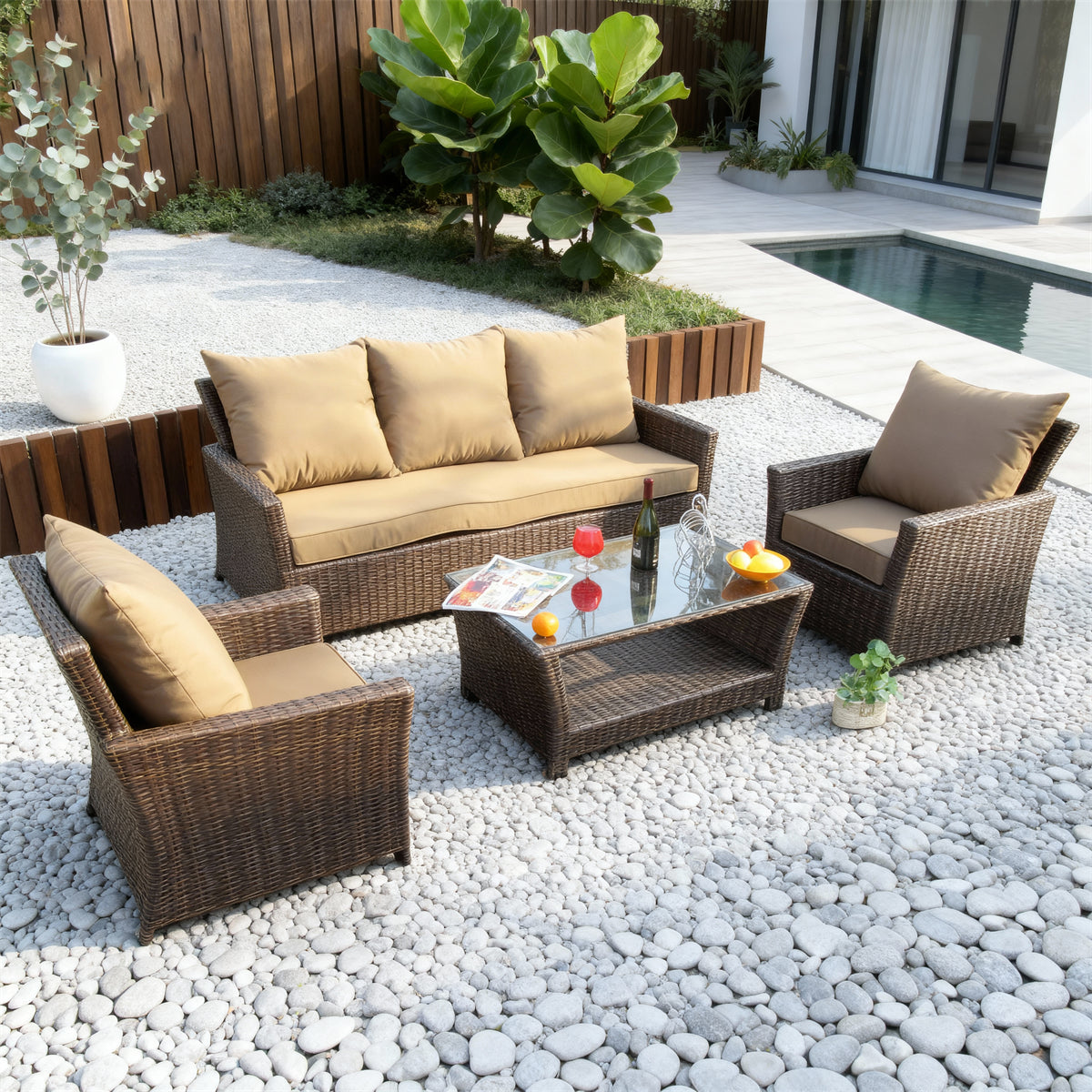 Dark Brown Wicker Outdoor Lounge Set with Tan Cushions & Glass Coffee Table – Stylish Patio Furniture