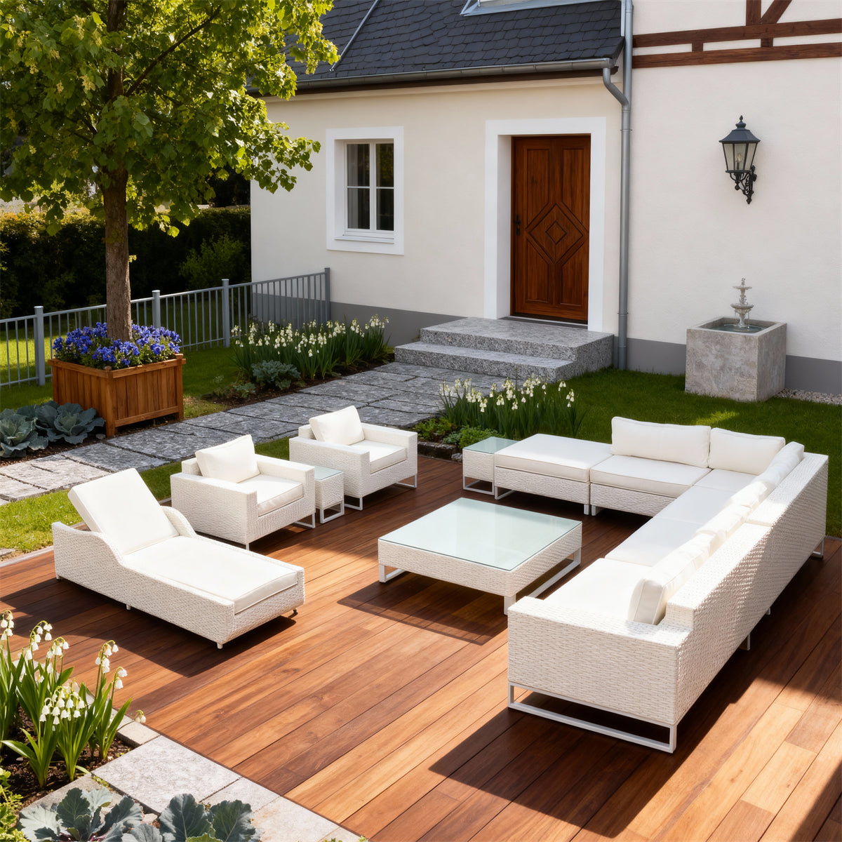 White Wicker Outdoor Lounge & Chaise Set with All - White Design & Glass Coffee Table – Luxury Patio Furniture