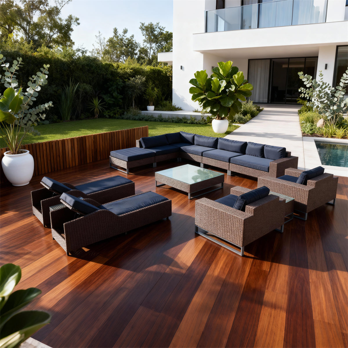 Dark Brown Wicker Modular Outdoor Lounge Set with Navy Cushions, Glass Coffee Table & Chaise Lounges – Luxury Patio Furniture
