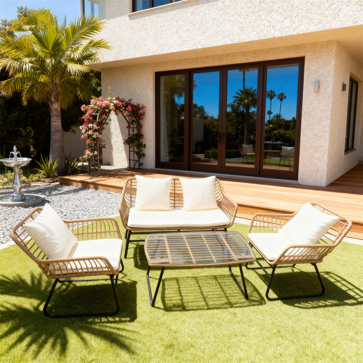 Natural Brown Wicker Outdoor Lounge Set with Cream Cushions & Glass Coffee Table – Stylish Patio Furniture