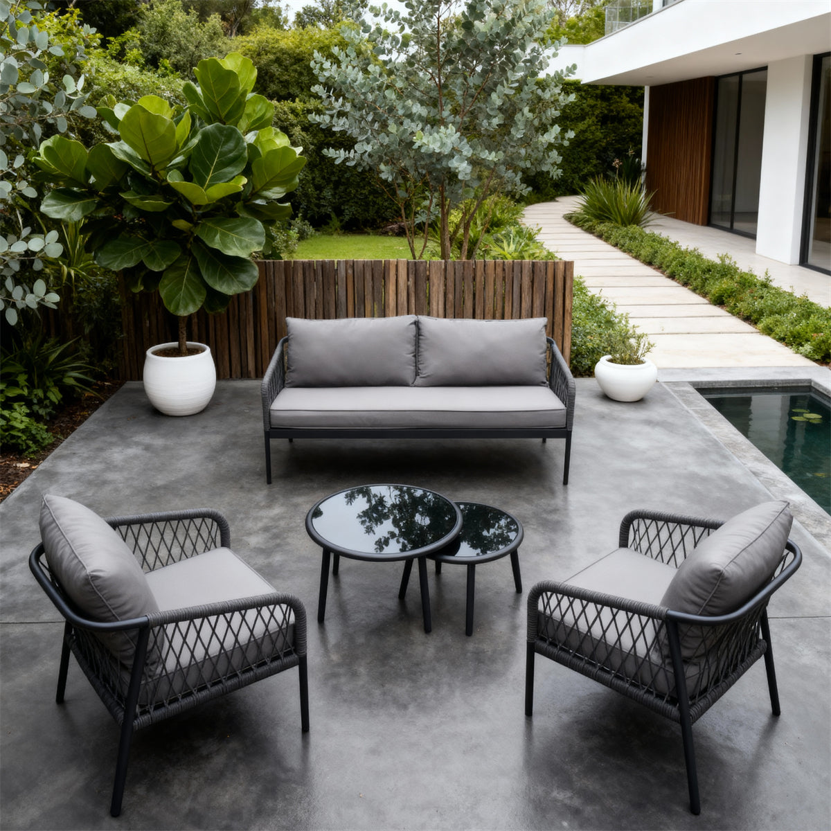 Dark Grey Woven Outdoor Lounge Set with Light Grey Cushions & Nesting Glass Coffee Tables – Stylish Patio Furniture