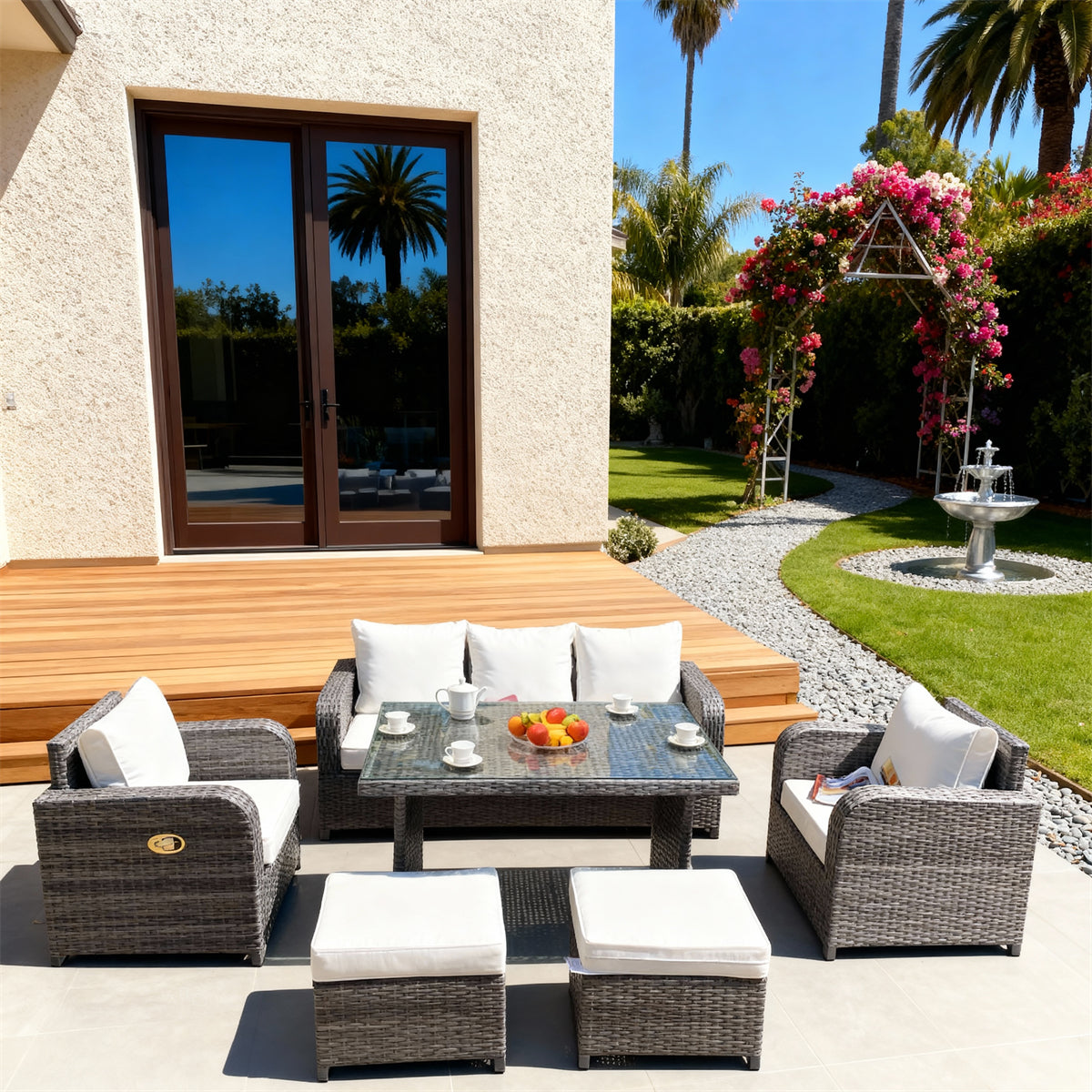 Dark Grey Wicker Outdoor Dining & Lounge Set with Cream Cushions, Glass Dining Table & Storage Ottomans – Stylish Patio Furniture