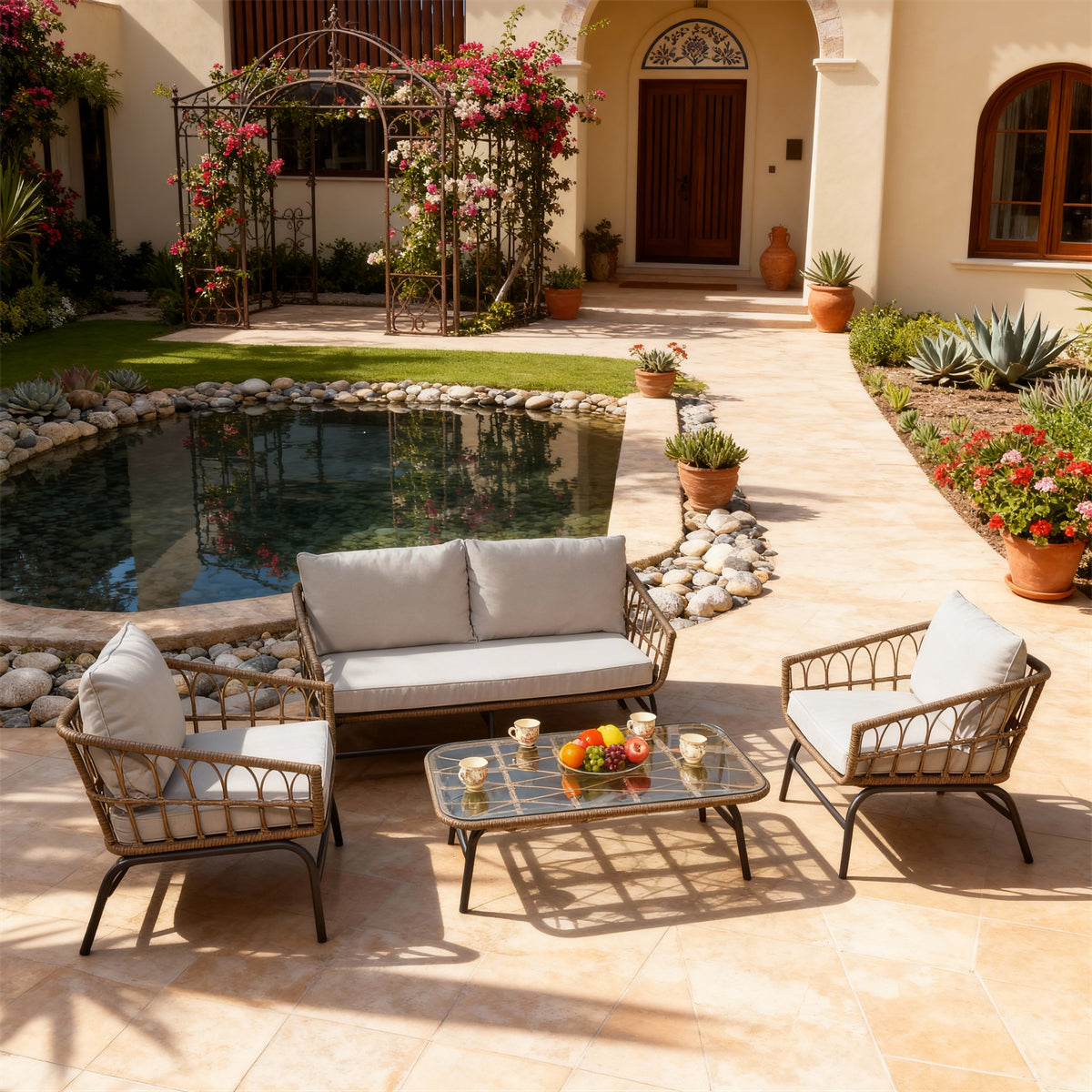 Natural Brown Wicker Outdoor Lounge Set with Light Grey Cushions & Artistic Glass Coffee Table – Stylish Patio Furniture