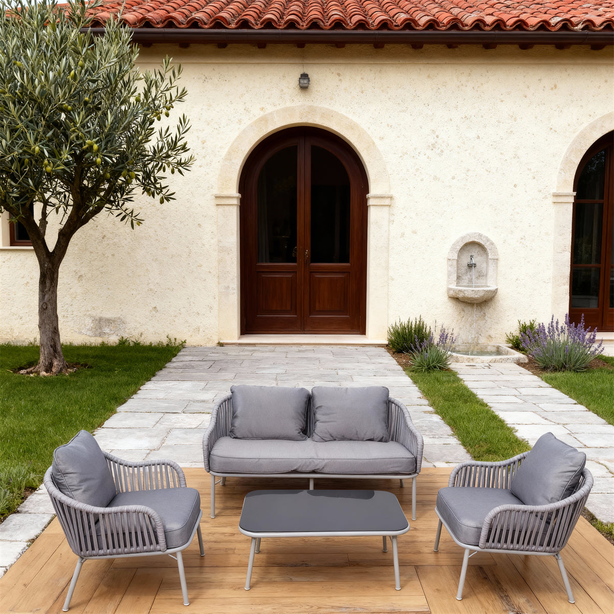 Light Grey Woven Outdoor Lounge Set with Dark Grey Cushions & Black Glass Coffee Table – Stylish Patio Furniture