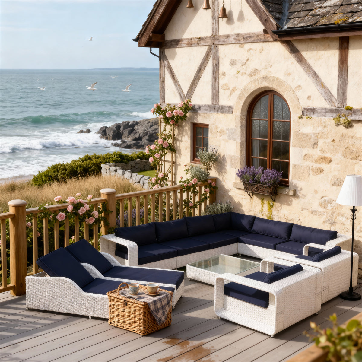 SFTZ2611 White Wicker & Navy Cushion Large Outdoor Sectional Lounge Set – Modern Coastal Villa Patio Luxury Social Furniture Set