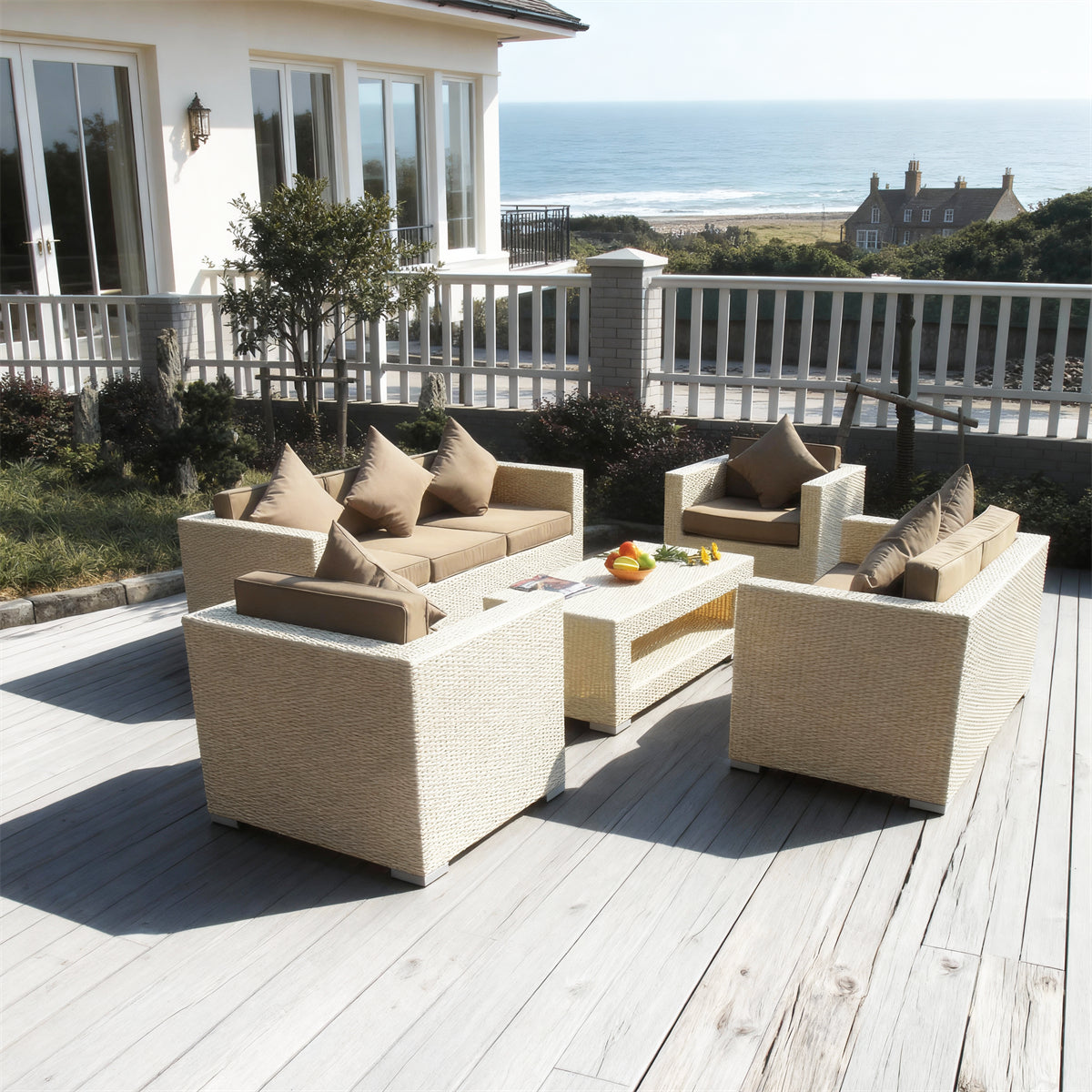 SFTZ261203 Cream Wicker Outdoor Lounge Set with Tan Cushions – New England Coastal Manor Patio Luxury Social Furniture Set