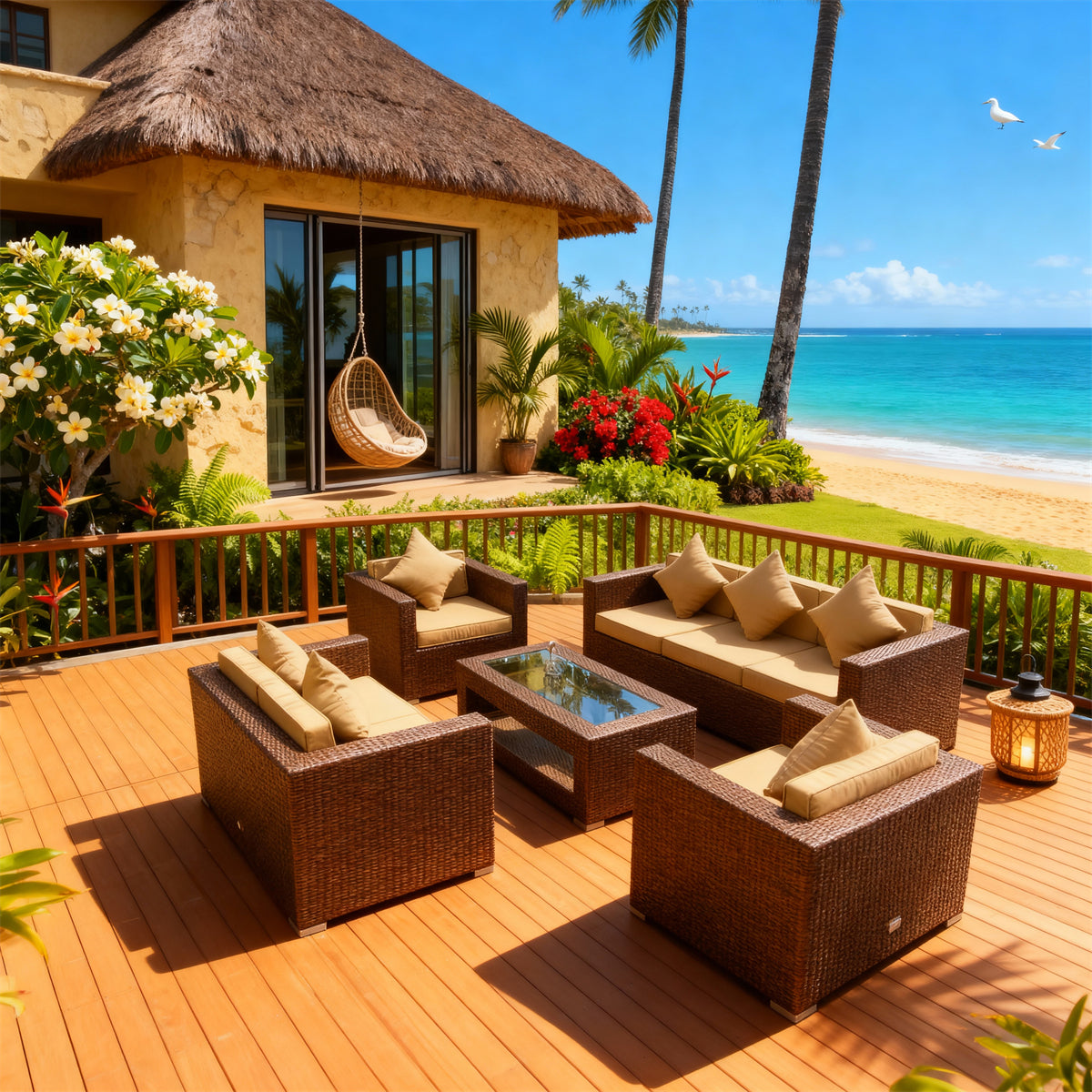 SFTZ261206 Dark Brown Wicker Outdoor Lounge Set with Beige Cushions – Hawaiian Beachfront Resort Villa Patio Luxury Outdoor Social Furniture Set