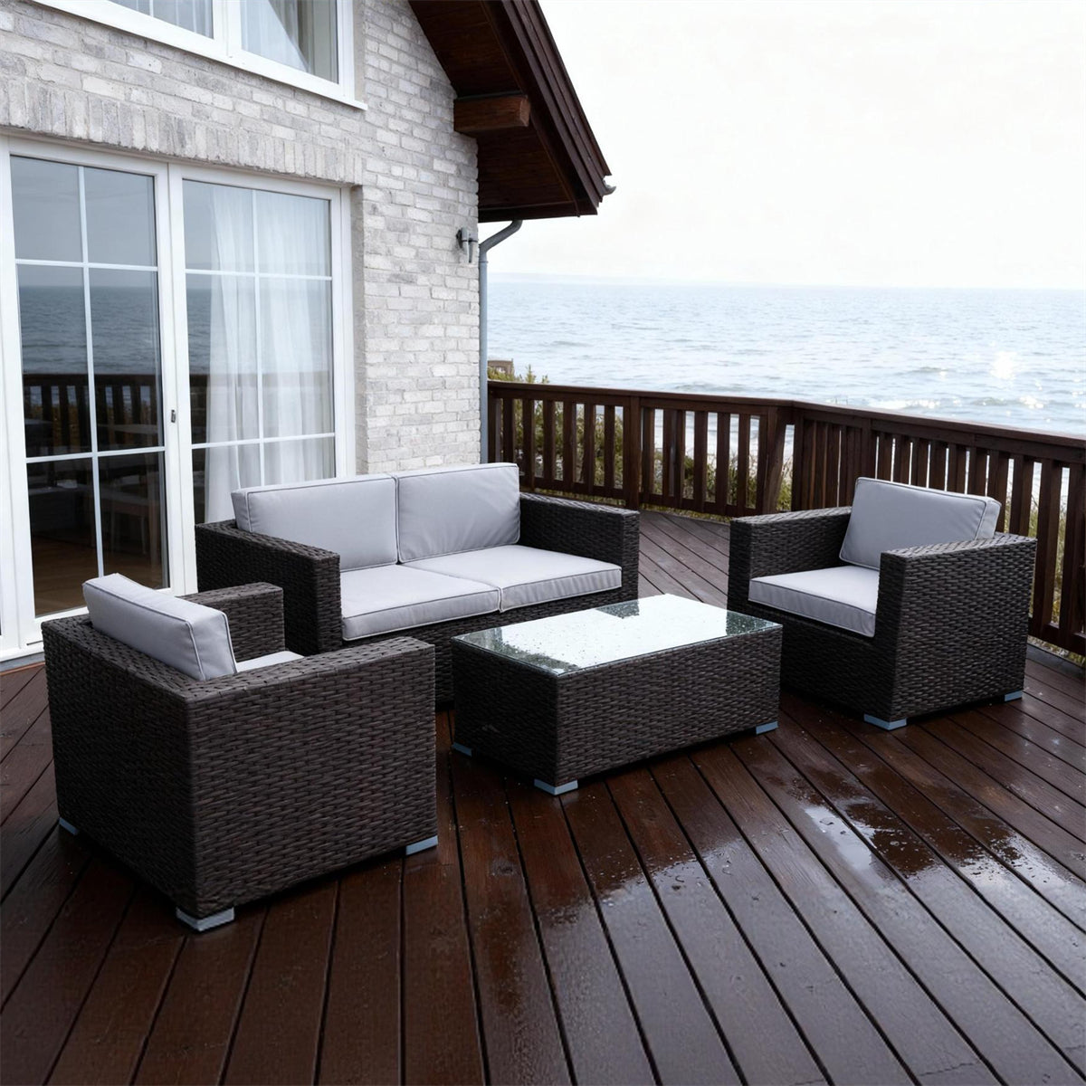 SFTZ261302 Charcoal Wicker Outdoor Lounge Set with Light Grey Cushions – New England Coastal American Villa Patio Luxury Outdoor Social Furniture Set