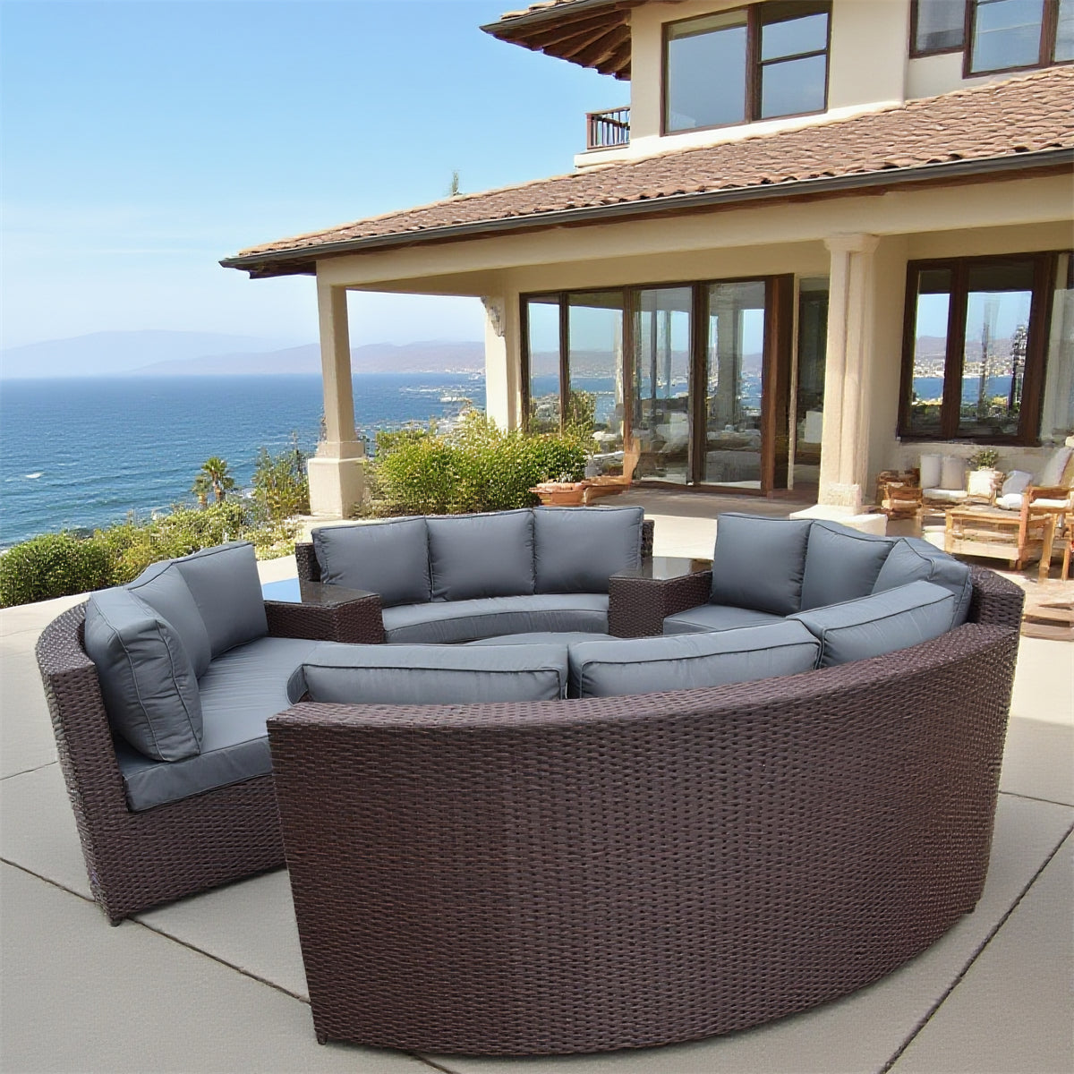SFTZ2615 Brown Wicker Curved Outdoor Lounge Set with Dark Grey Cushions – Caribbean Beachfront Luxury Villa Patio Outdoor Social Furniture Set