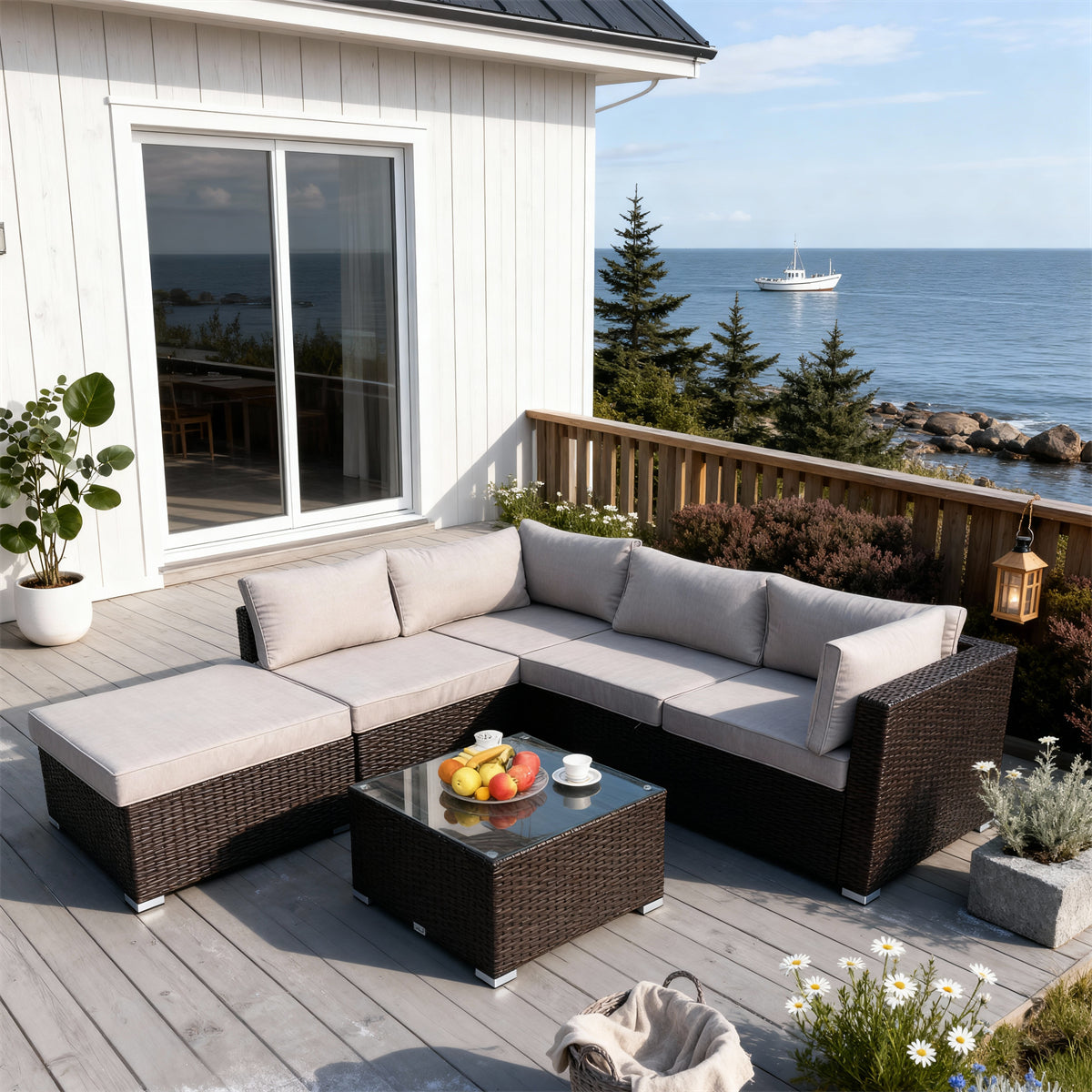 SFTZ2617 All-Black Wicker L-Shaped Outdoor Lounge Set with Beige Cushions – Scandinavian Coastal Cabin Patio Luxury Outdoor Social Furniture Set