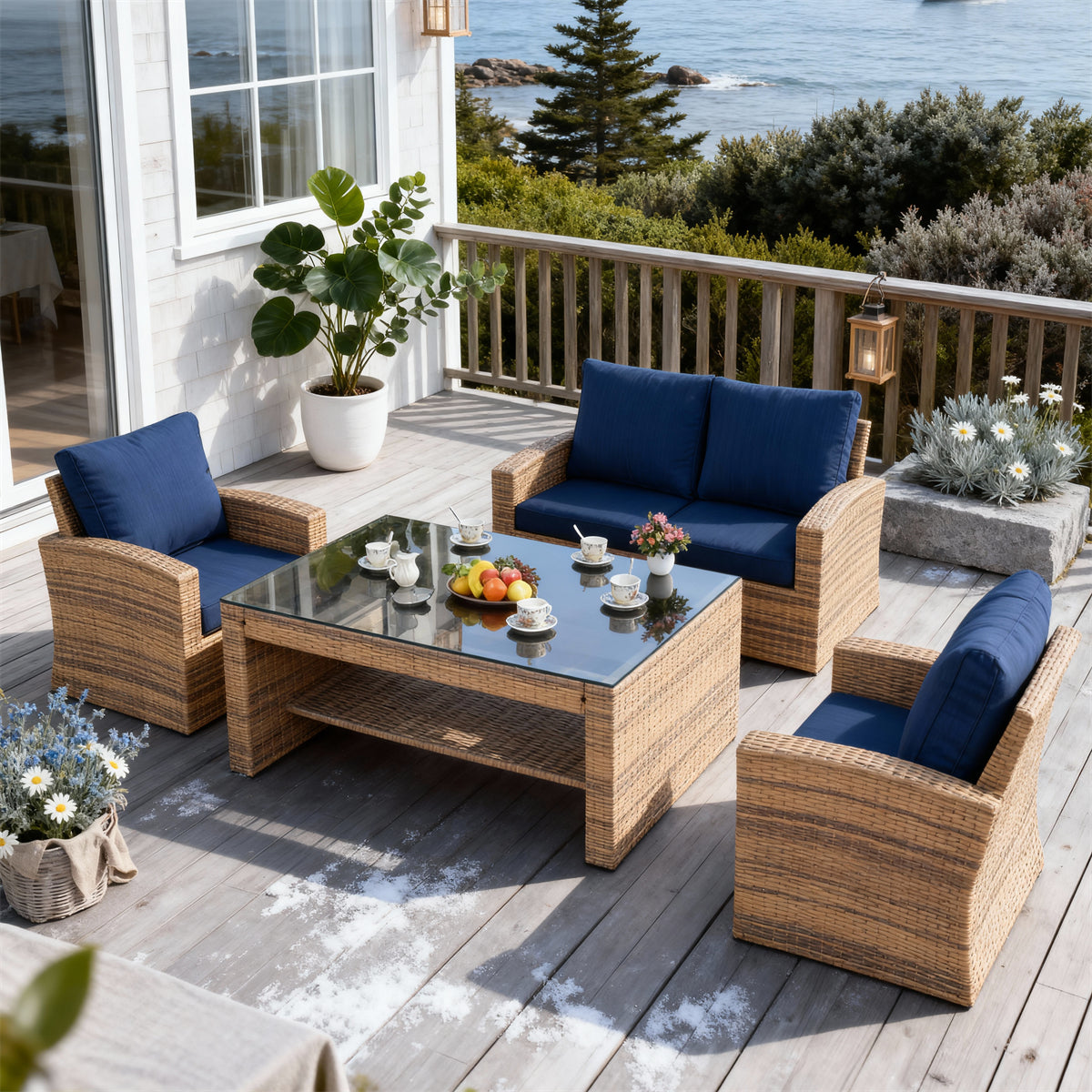 SFTZ2618 Light Brown Wicker Outdoor Lounge Set with Navy Cushions – Brittany French Coastal Stone Cottage Patio Luxury Outdoor Social Furniture Set