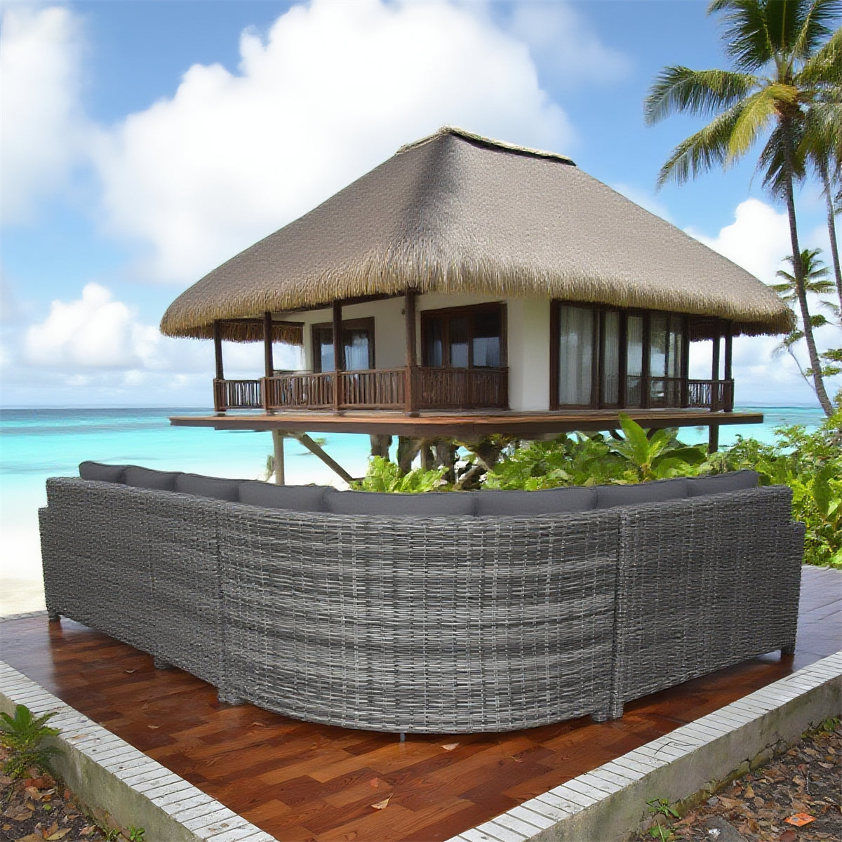 SFTZ2619 Grey-Brown Woven Wicker Curved Outdoor Lounge Set with Dark Grey Cushions – Monaco Coastal Cliff Villa Patio Luxury Outdoor Social Furniture Set