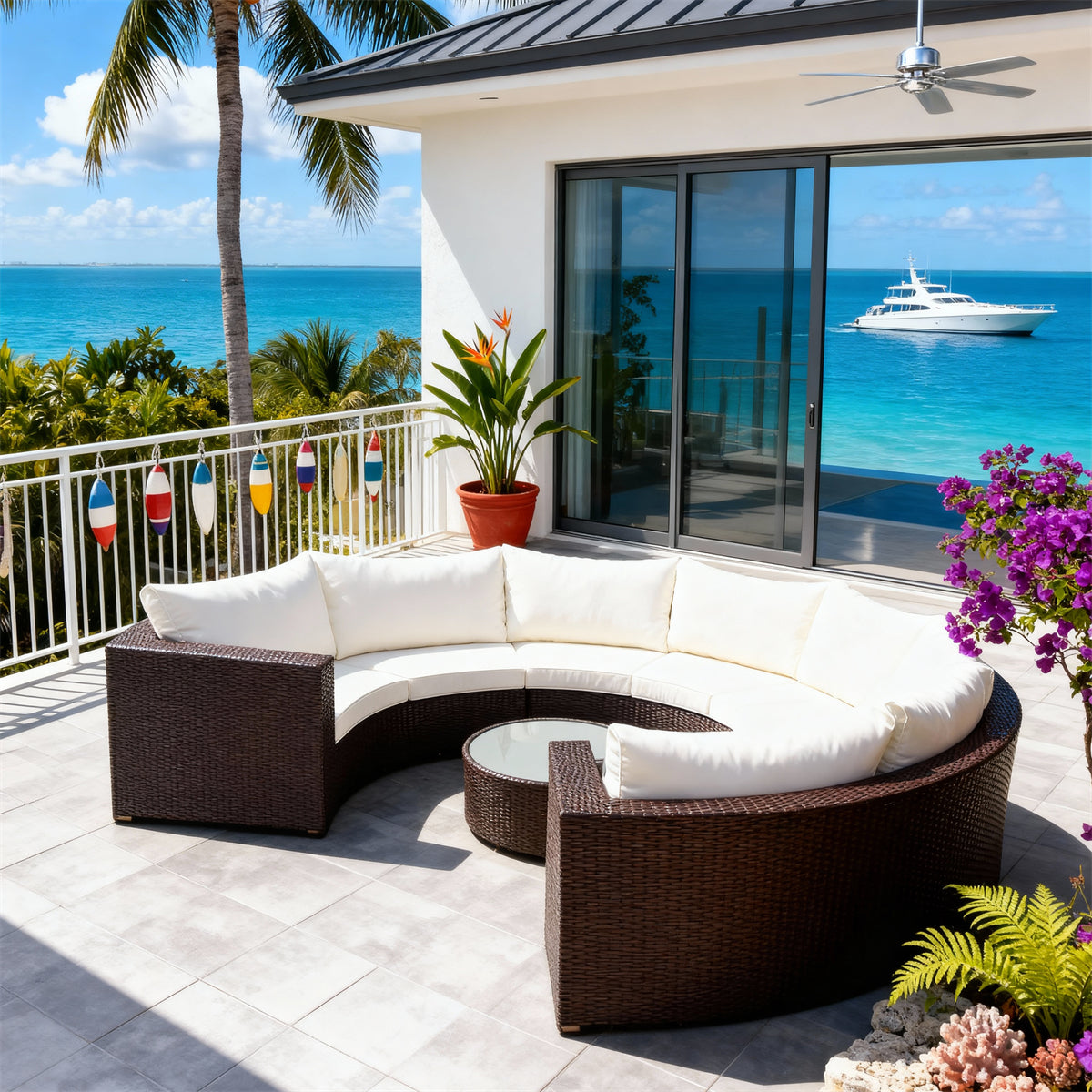 SFTZ2628 Dark Brown Wicker Curved Outdoor Lounge Set with Cream Cushions – Fijian Tropical Overwater Bungalow Patio Luxury Outdoor Social Furniture Set