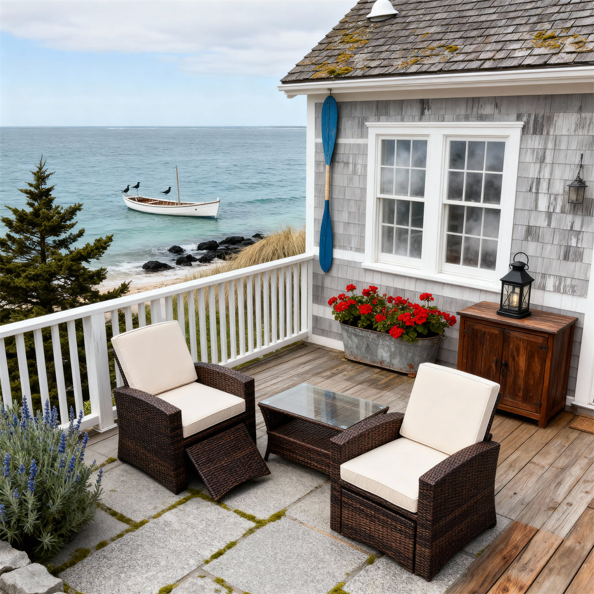 SFTZ2630 Dark Brown Wicker Reclining Outdoor Lounge Set with Cream Cushions – Maine Coastal Pool Villa Patio Luxury Outdoor Social Furniture Set