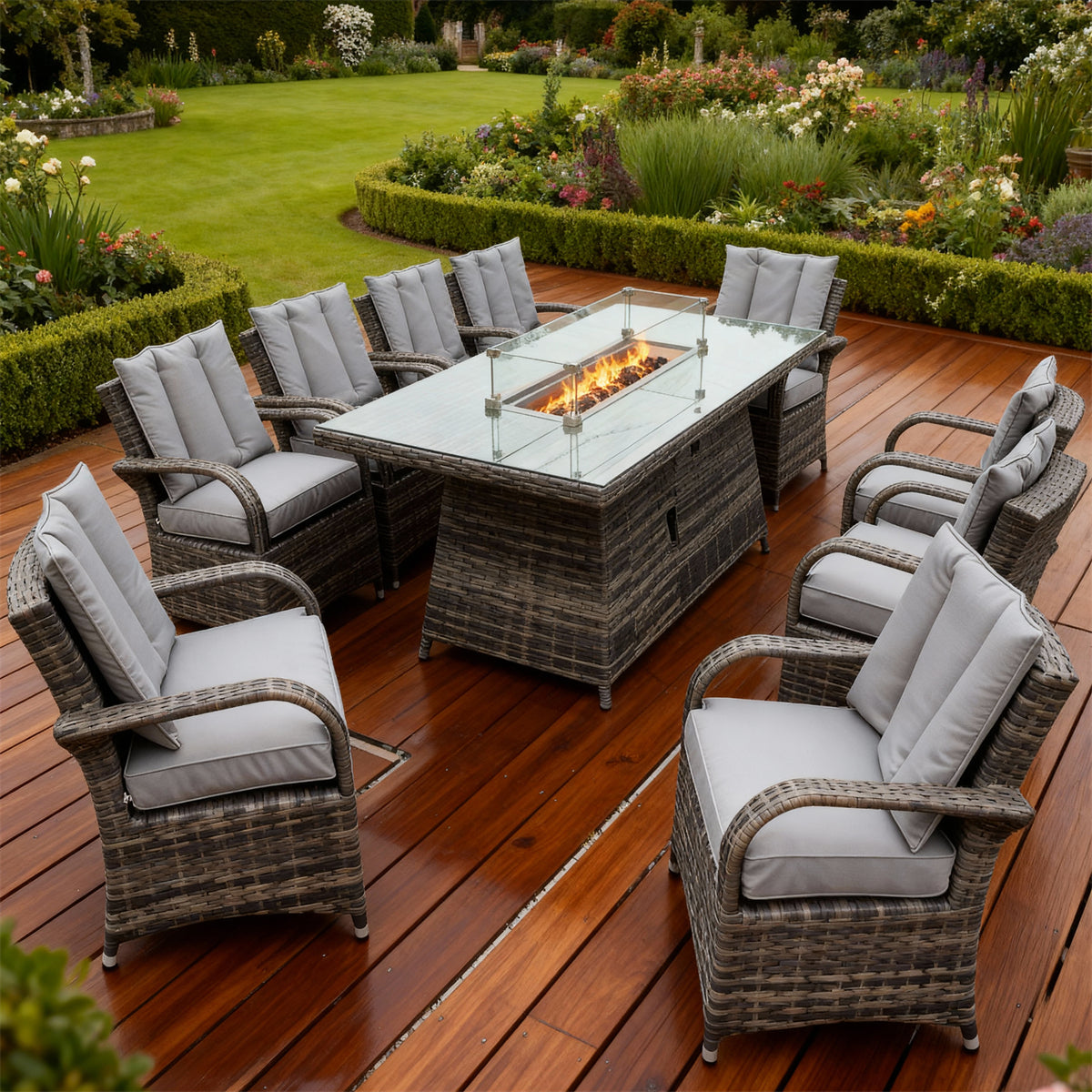 SFTZ2632 Grey-Brown Woven Wicker Outdoor Dining & Fire Pit Set with Light Grey Cushions – English Country Garden Patio Luxury Outdoor Social Furniture Set