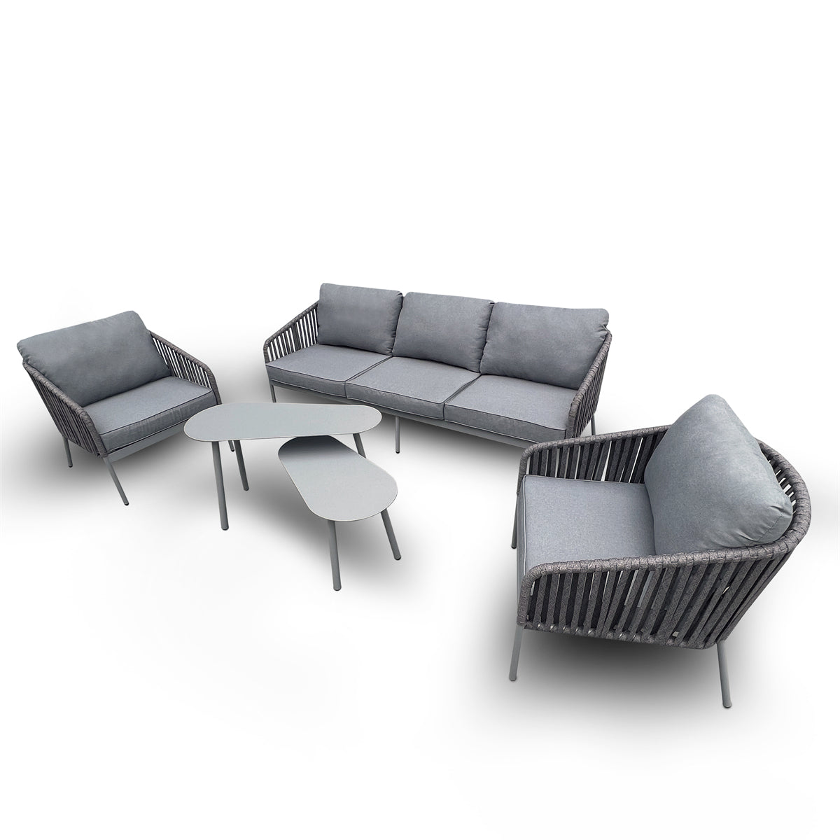 SFTZ2633 Grey Rattan Outdoor Lounge Set with Light Grey Cushions – Cornish Coastal Manor Patio 5-Piece Luxury Outdoor Social Furniture Set